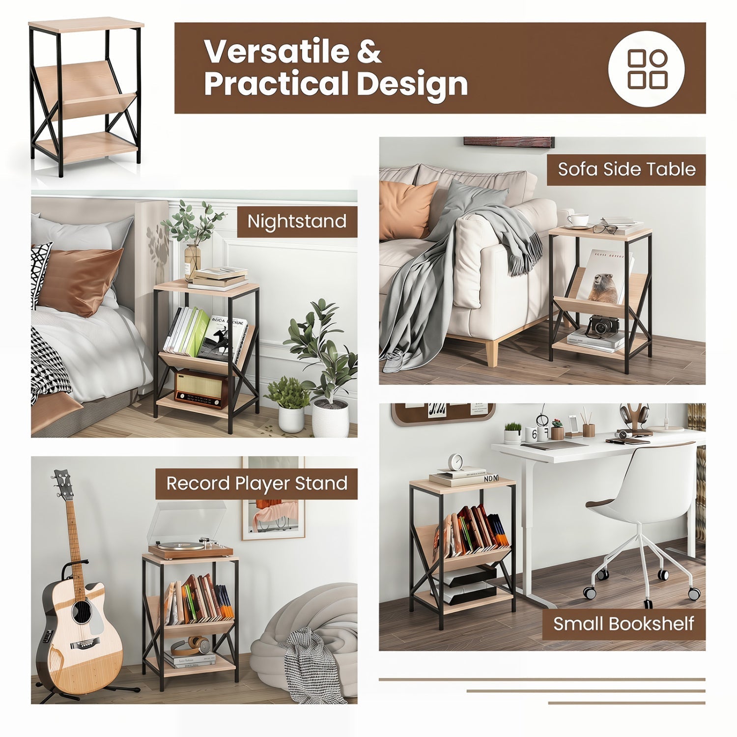 3-Tier Industrial Side Table with V-Shaped Bookshelf