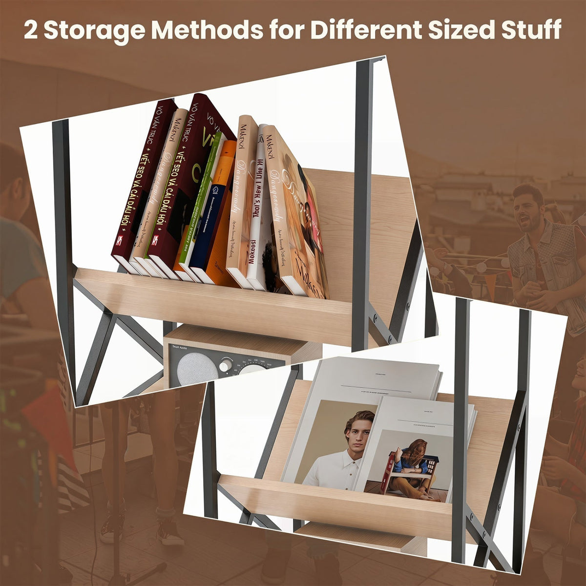 3-Tier Industrial Side Table with V-Shaped Bookshelf