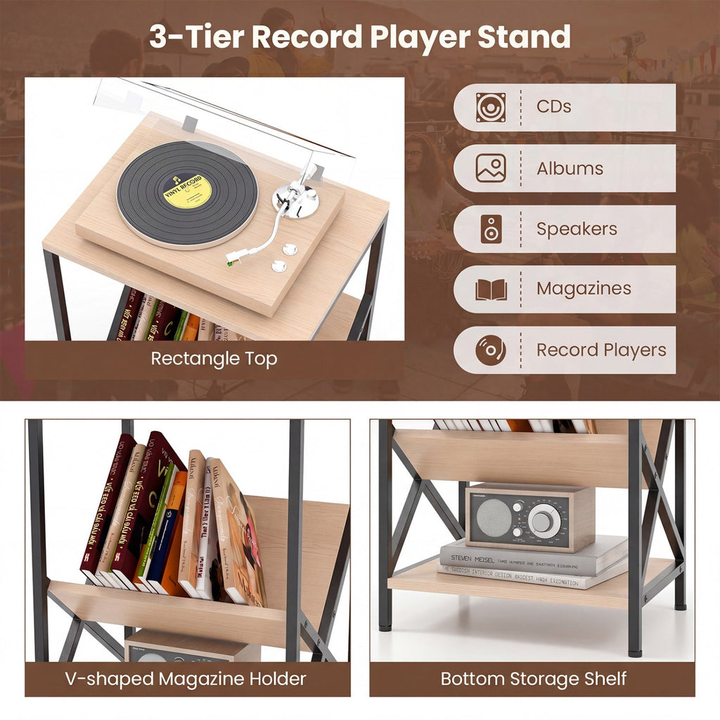 3-Tier Industrial Side Table with V-Shaped Bookshelf
