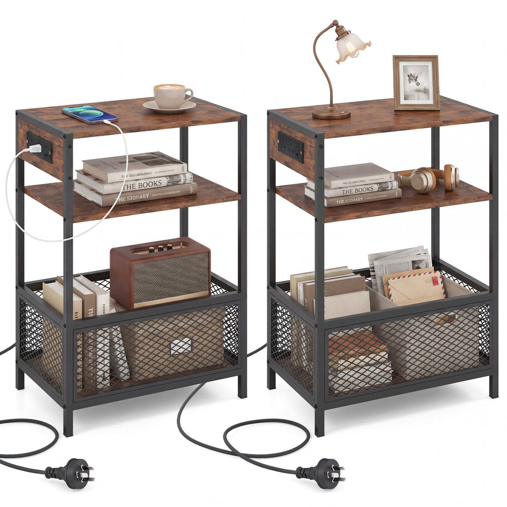 Industrial Side Table with USB-C & AC Outlets, 3-Tier