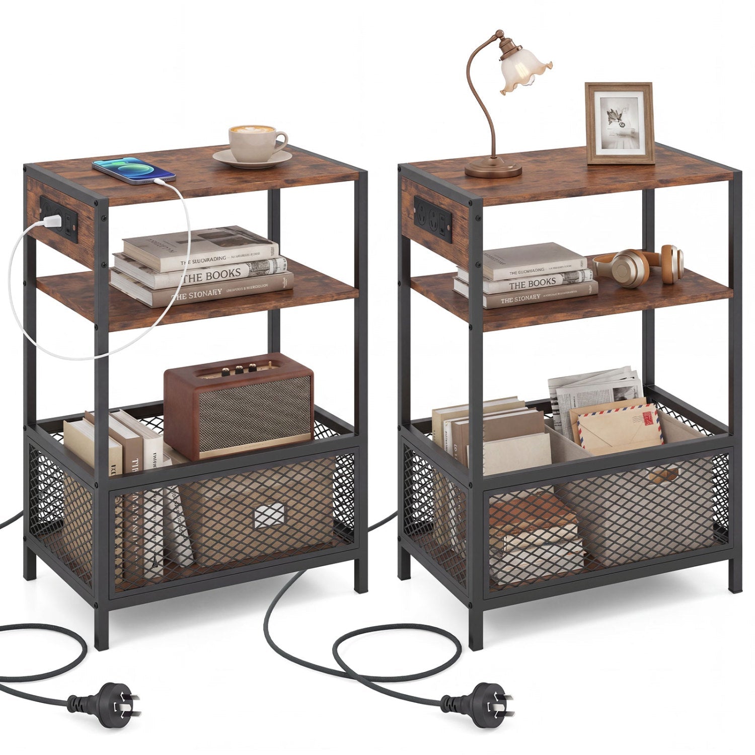 Industrial Side Table with USB-C & AC Outlets, 3-Tier