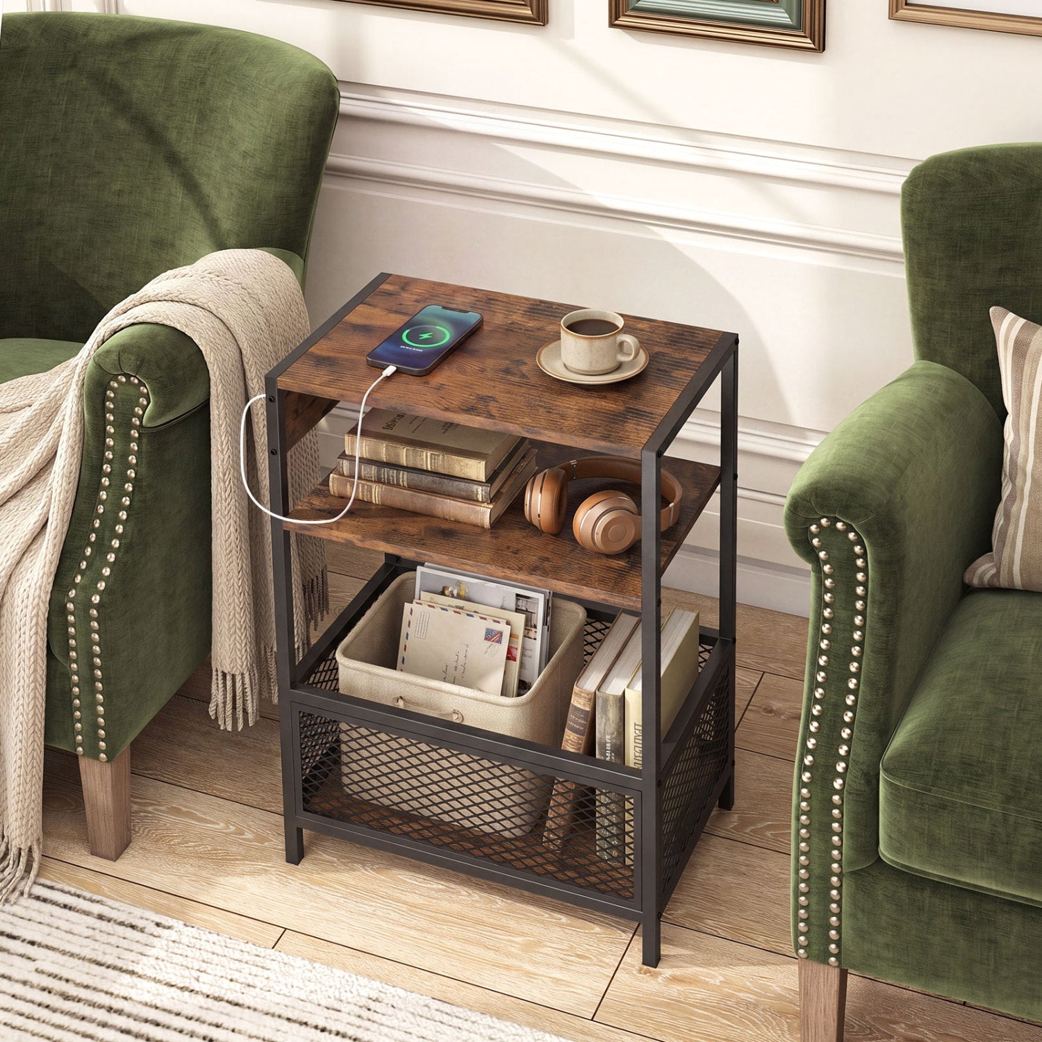 Industrial Side Table with Built-In Charging Station