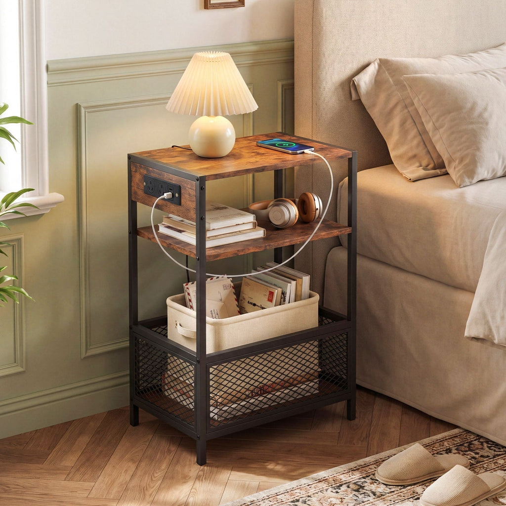 Industrial Side Table with Built-In Charging Station