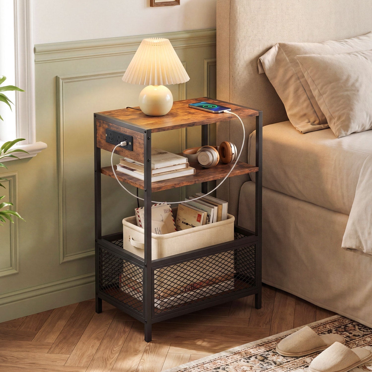 Industrial Side Table with Built-In Charging Station