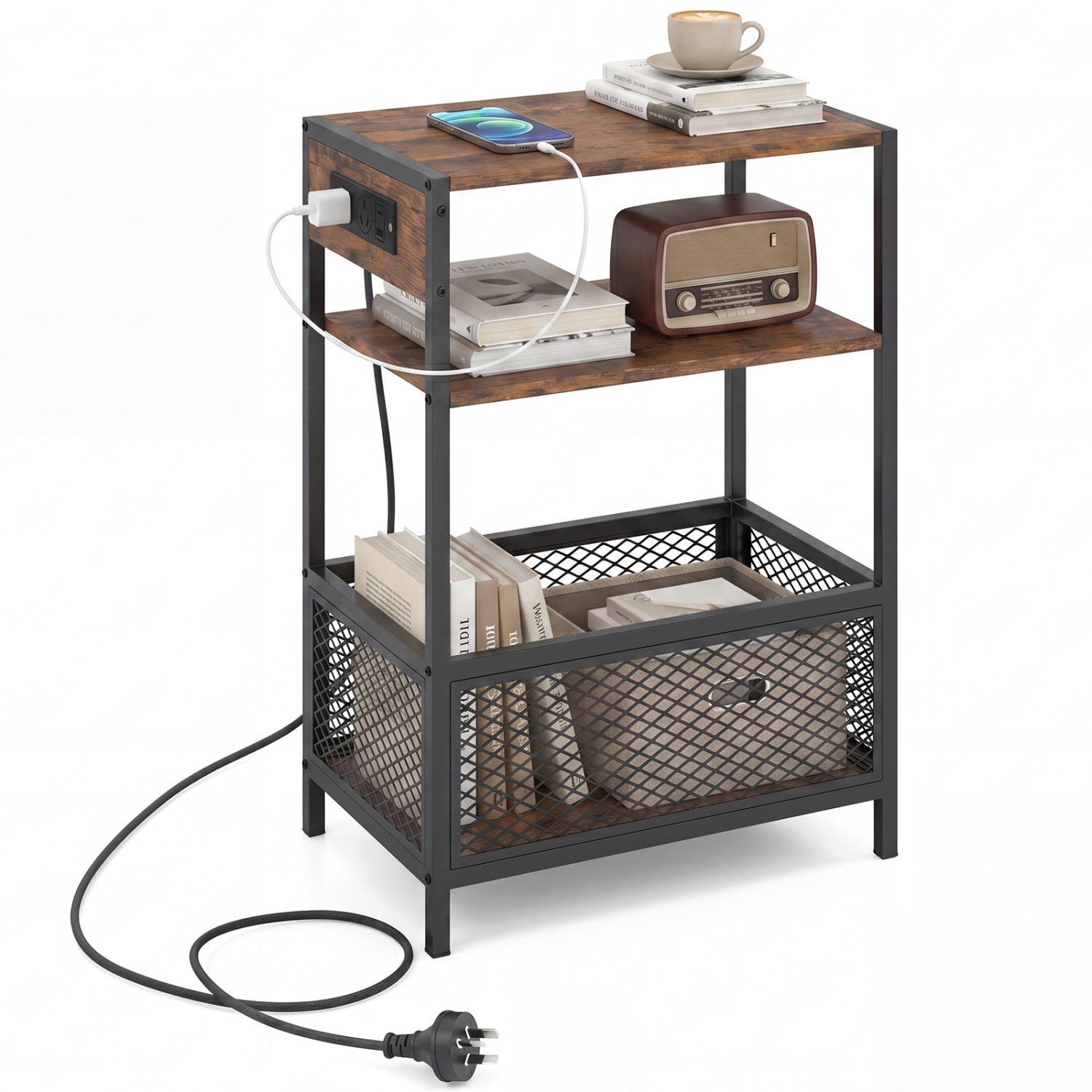 Industrial Side Table with Built-In Charging Station
