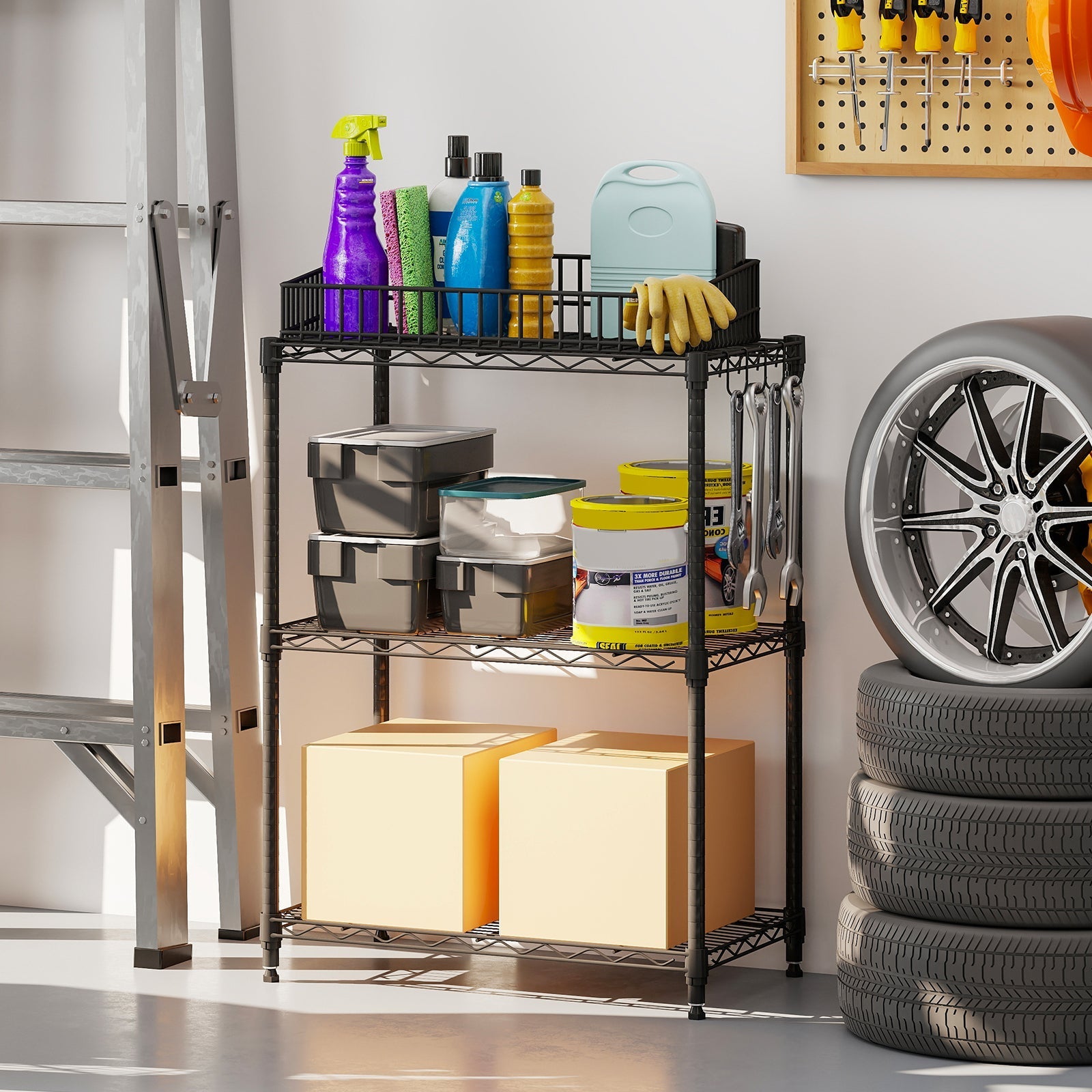 3-Tier Metal Storage Shelving Unit with V-Shaped Wire Rack and 450 LBS Capacity-Black