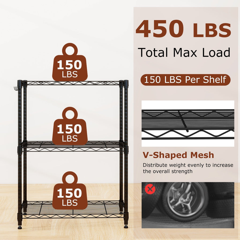 3-Tier Metal Storage Shelving Unit with V-Shaped Wire Rack and 450 LBS Capacity-Black