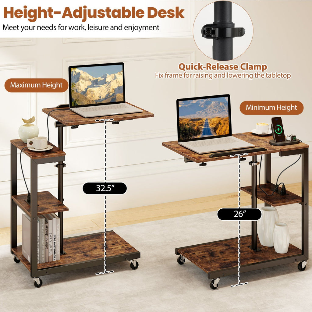 3-Tier Mobile Couch Side Table with Tiltable Tabletop