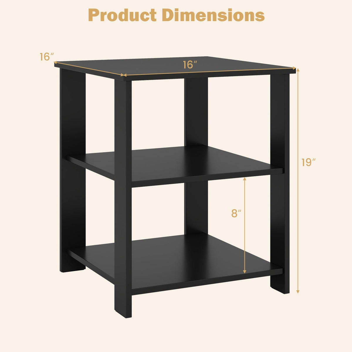 3-Tier Square Side Table with Open Storage Shelves