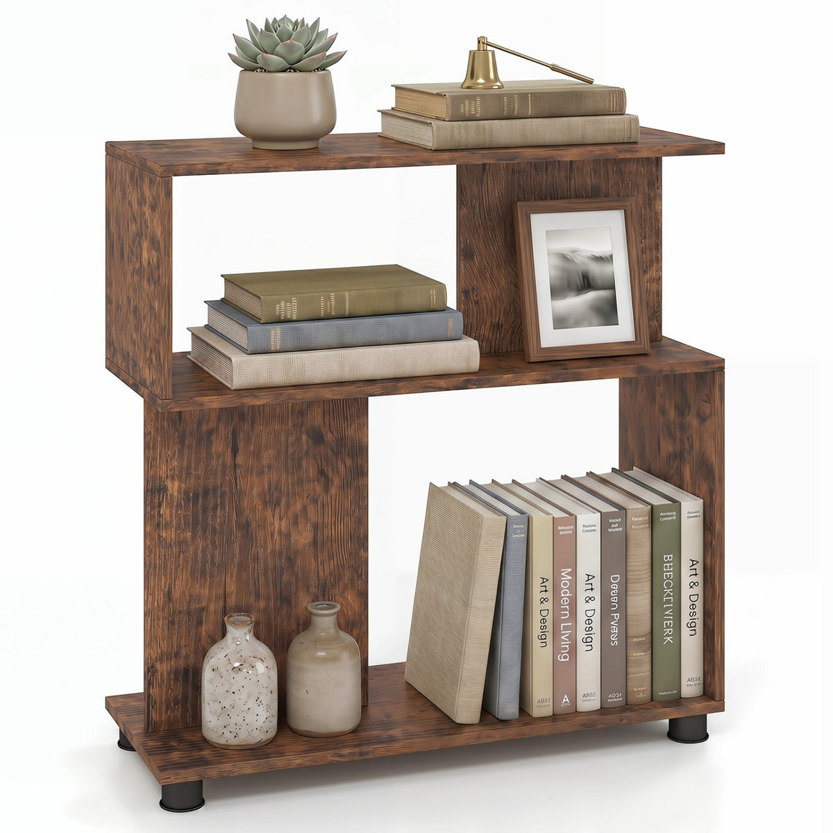 3-Tier S-Shaped Bookshelf with Adjustable Feet