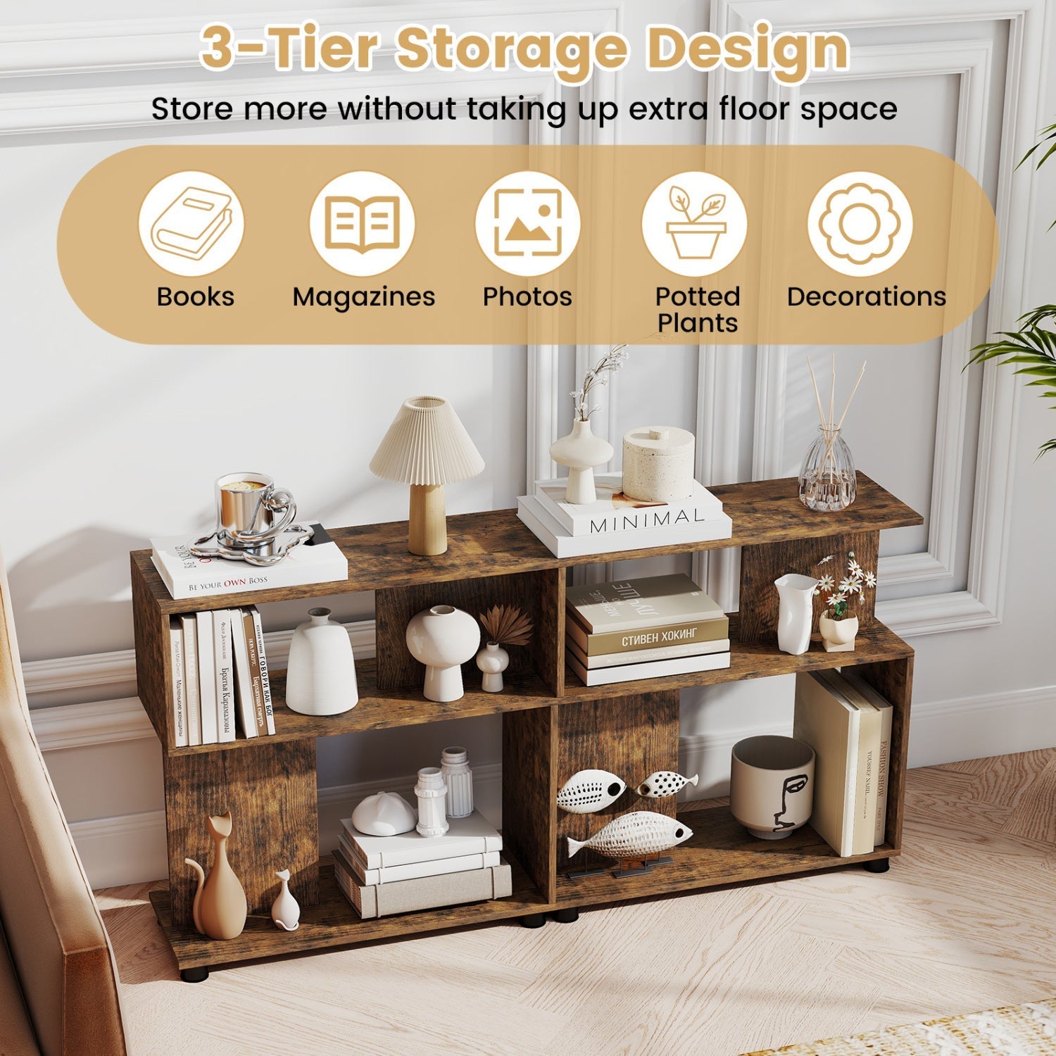 3-Tier S-Shaped Bookshelf with Adjustable Feet