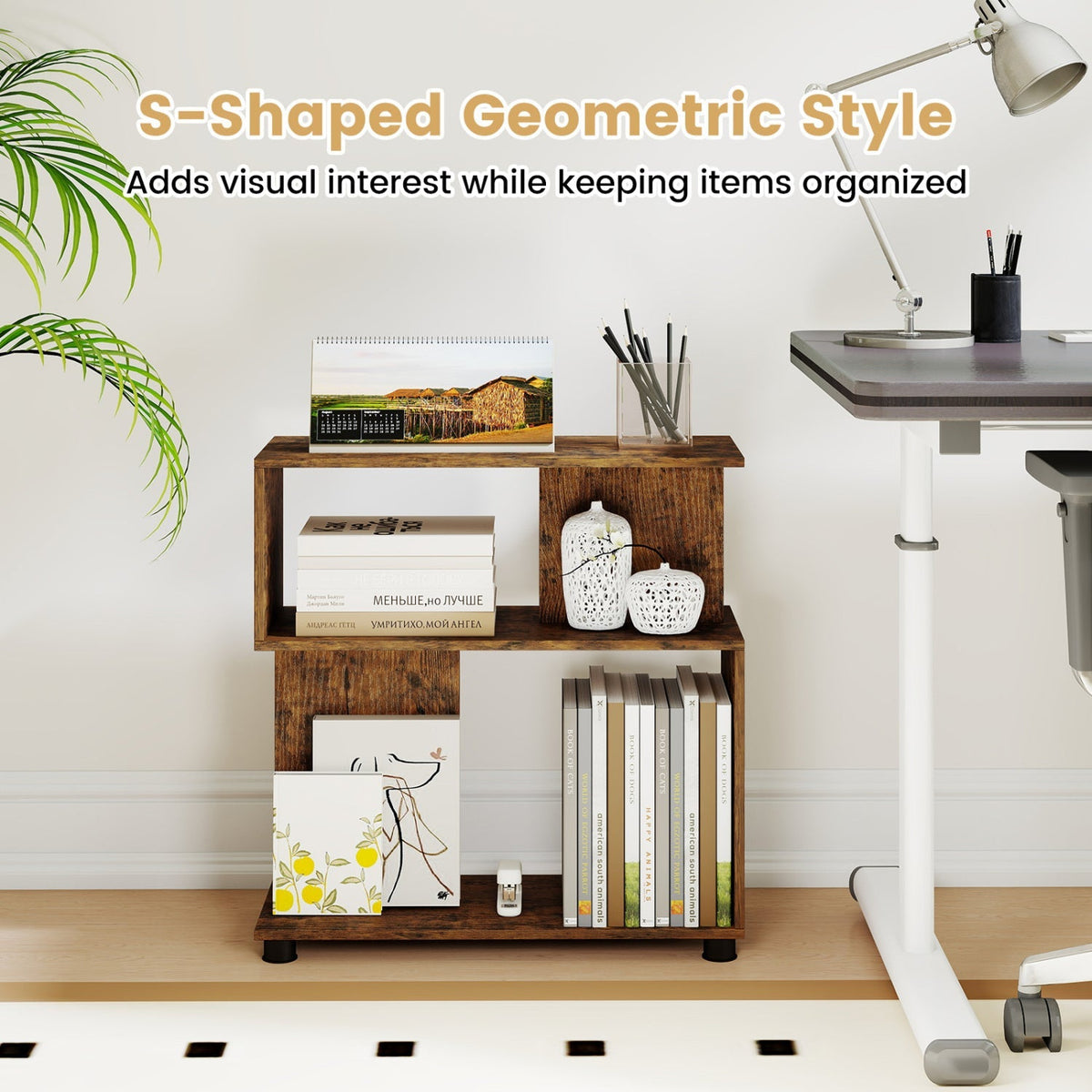 3-Tier S-Shaped Bookshelf with Adjustable Feet