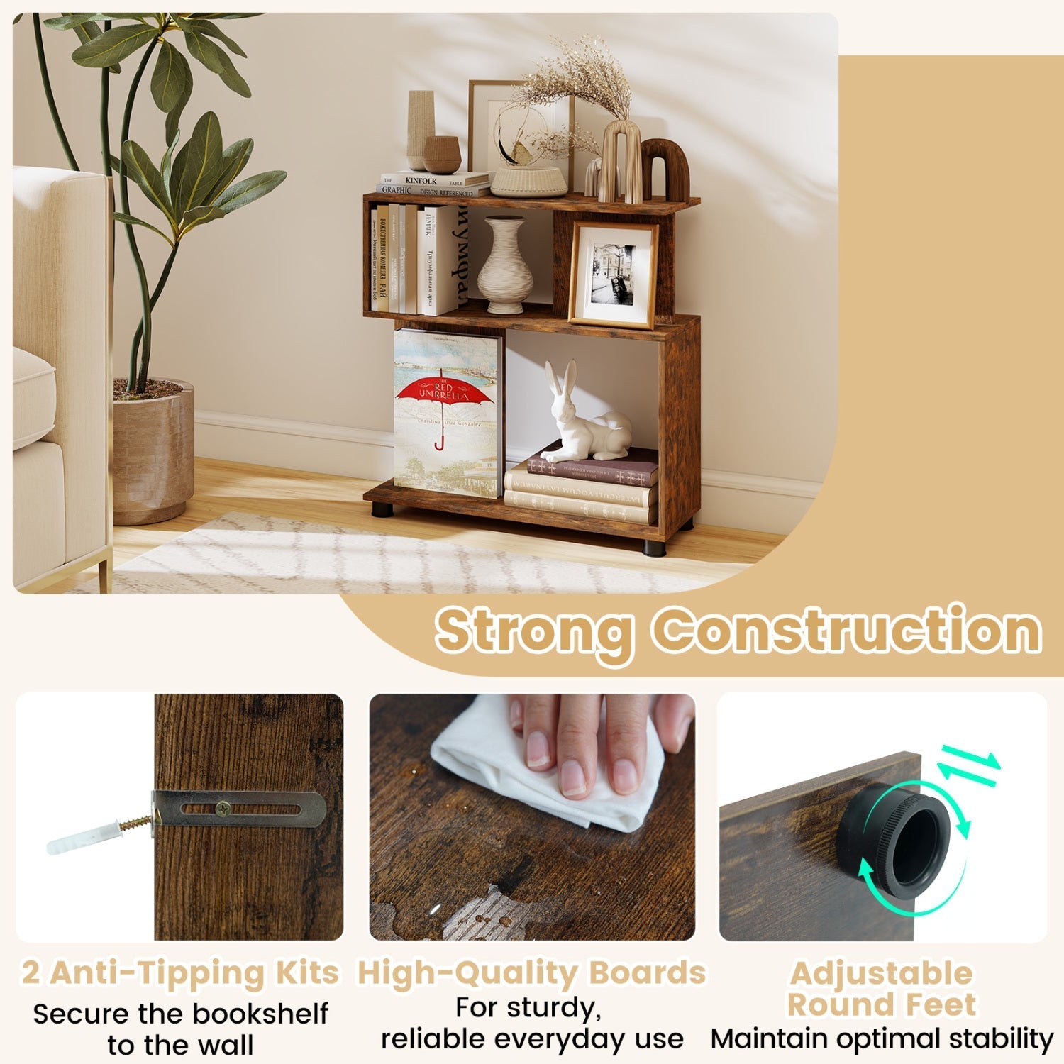 3-Tier S-Shaped Bookshelf with Adjustable Feet