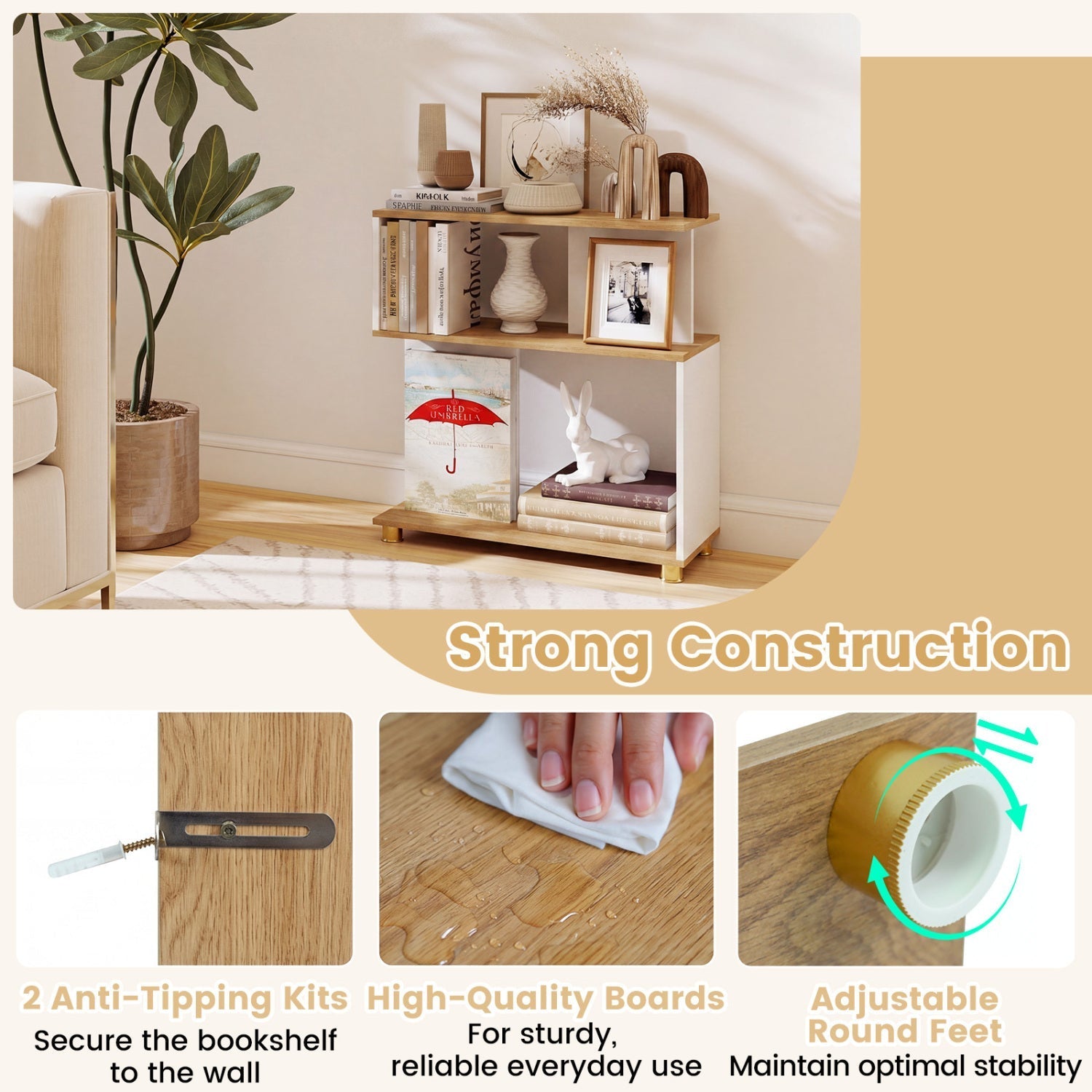 3-Tier S-Shaped Bookshelf with Adjustable Feet