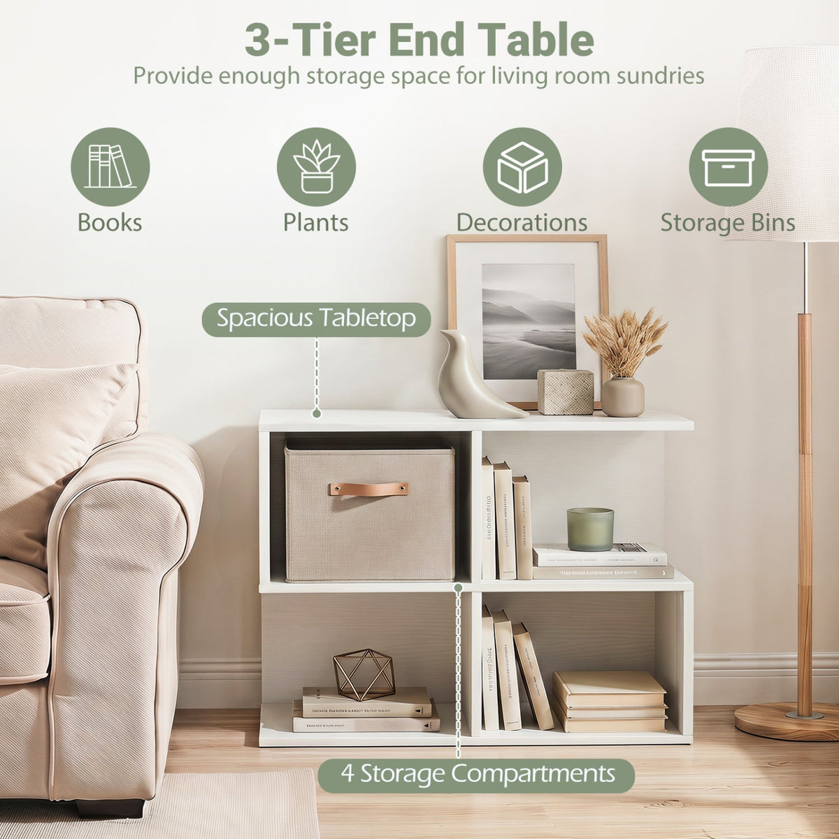 3-Tier S-Shaped End Table with 4 Storage Cubes