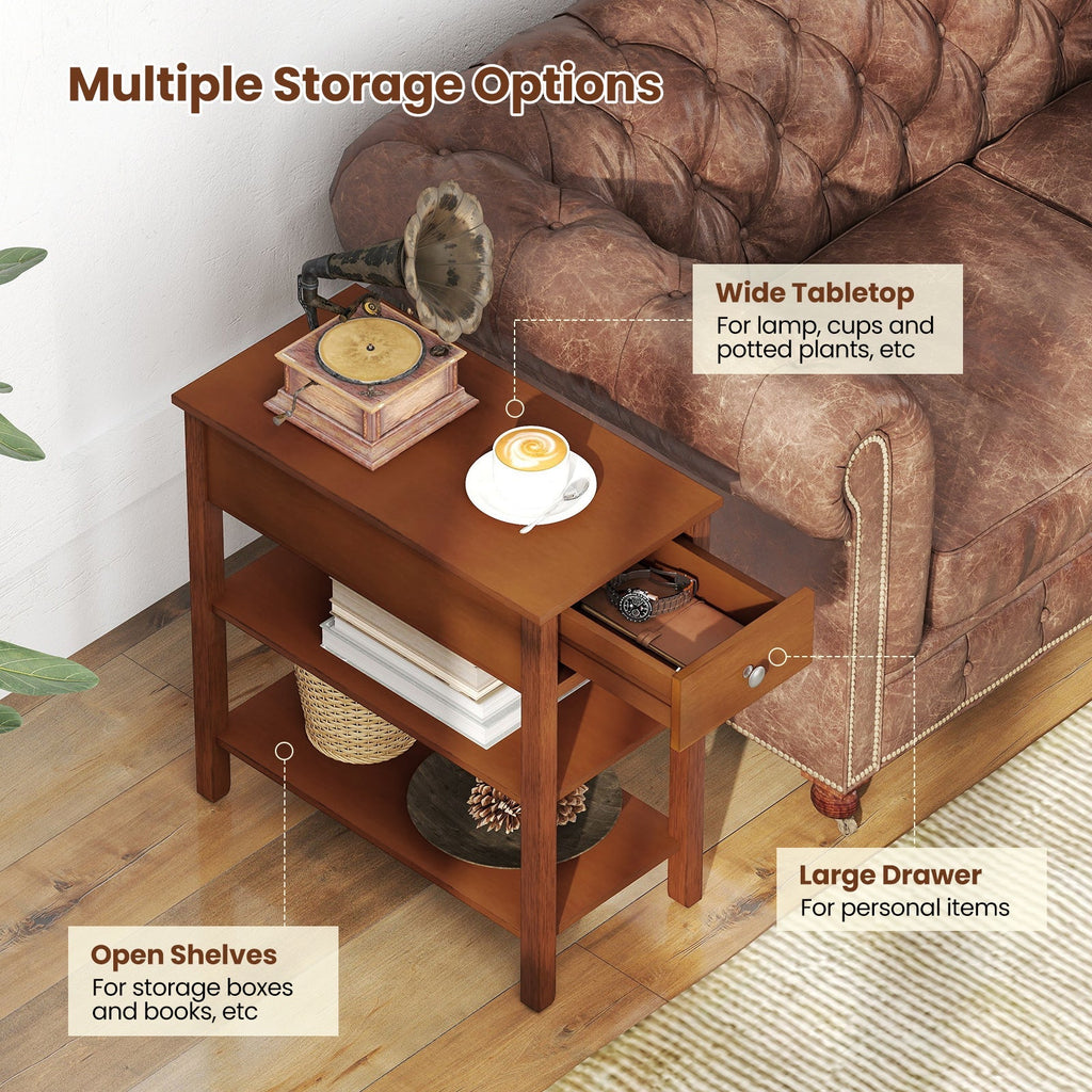3-Tier Narrow End Table with Drawer and Storage Shelves Set of 2
