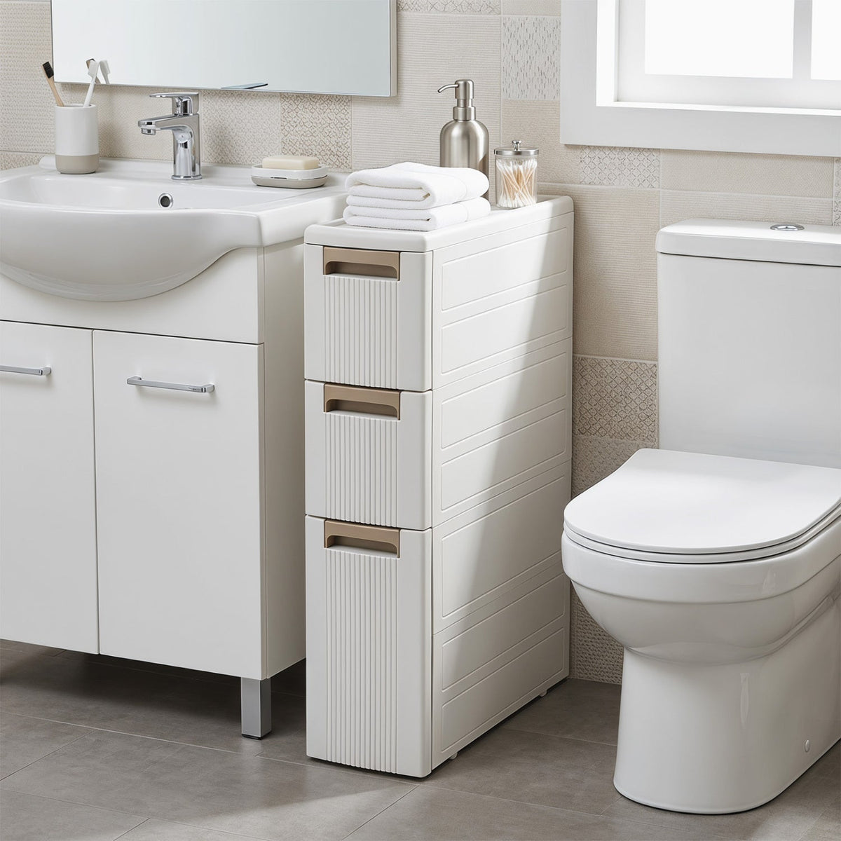 Narrow Storage Cabinet with Drawers and Removable Dividers