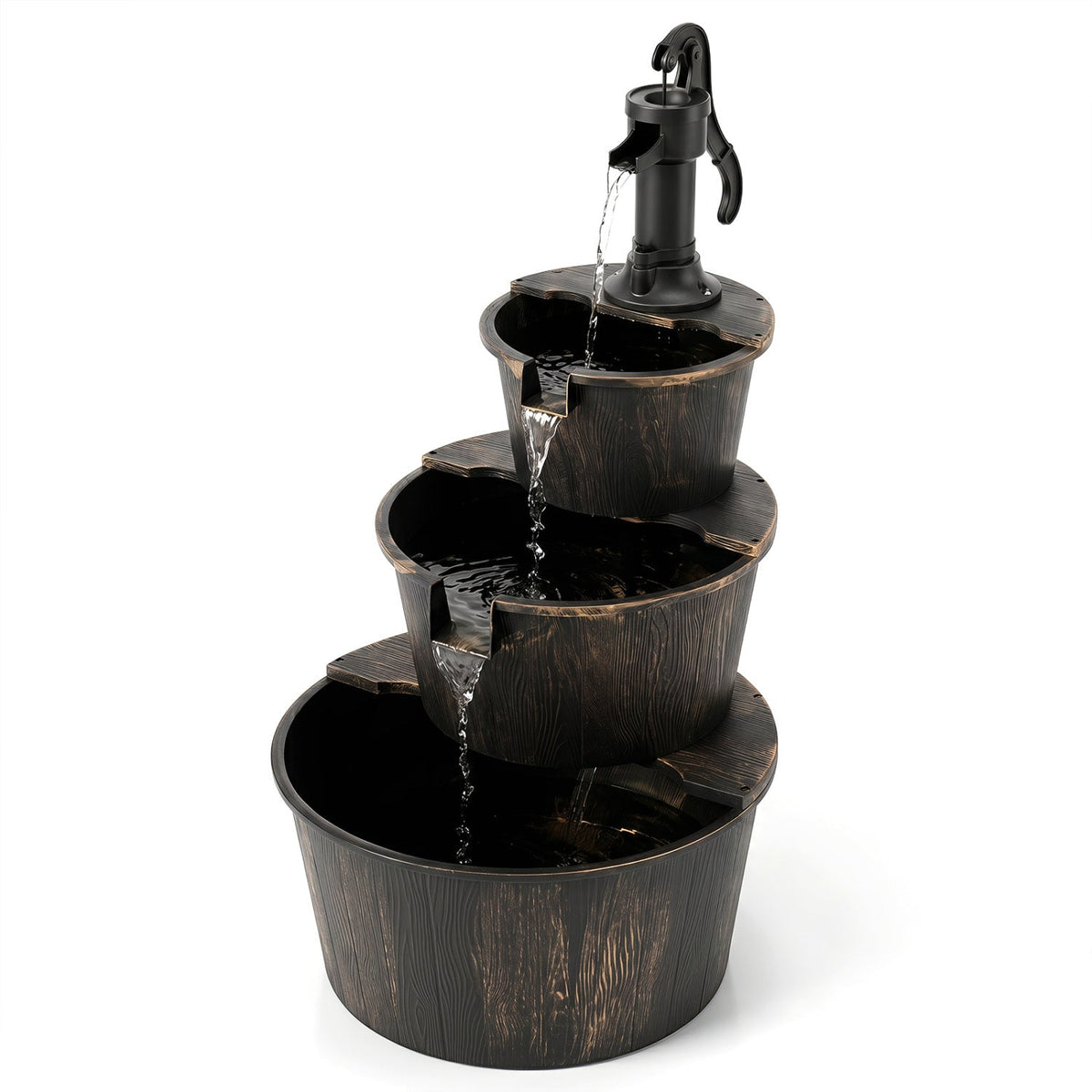3-Tier Barrel Waterfall Fountain with Electric Pump