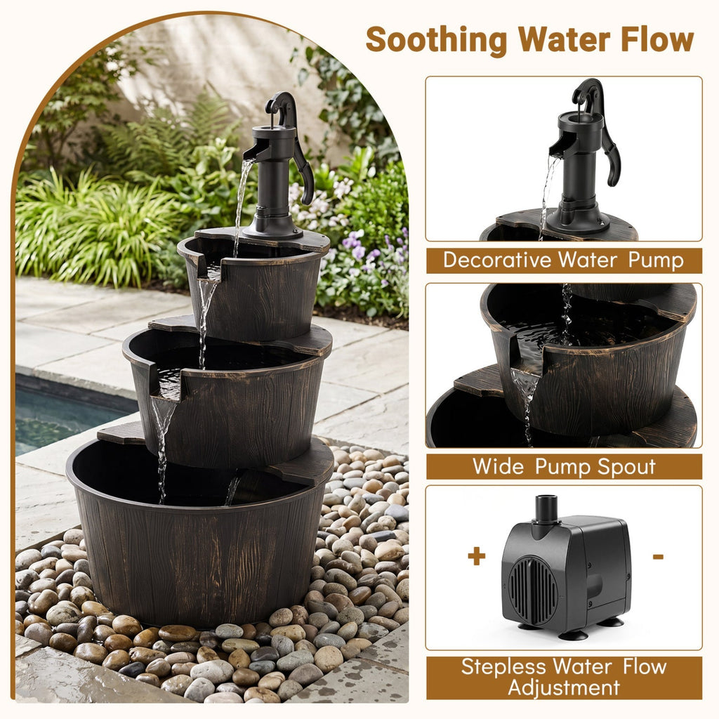 3-Tier Barrel Waterfall Fountain with Electric Pump