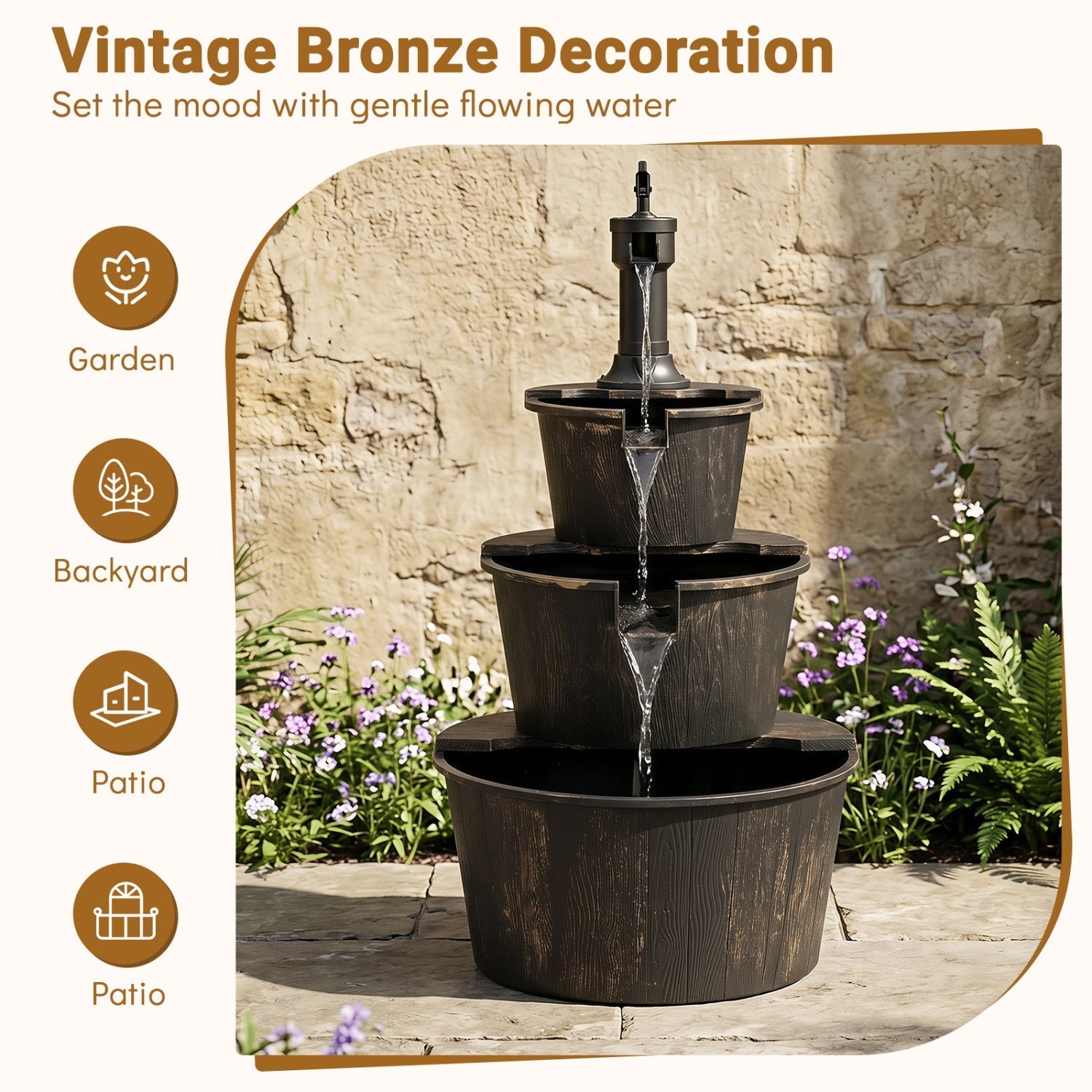 3-Tier Barrel Waterfall Fountain with Electric Pump