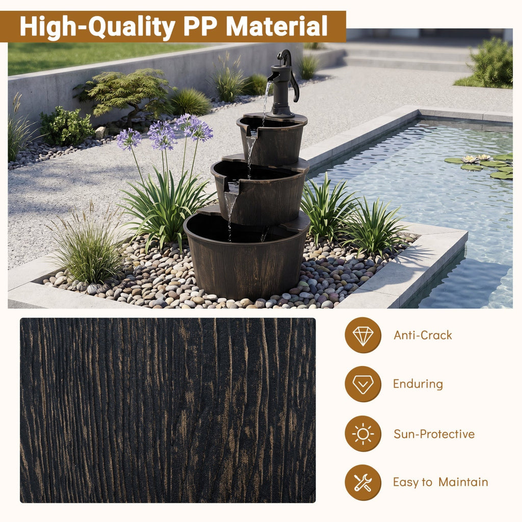 3-Tier Barrel Waterfall Fountain with Electric Pump