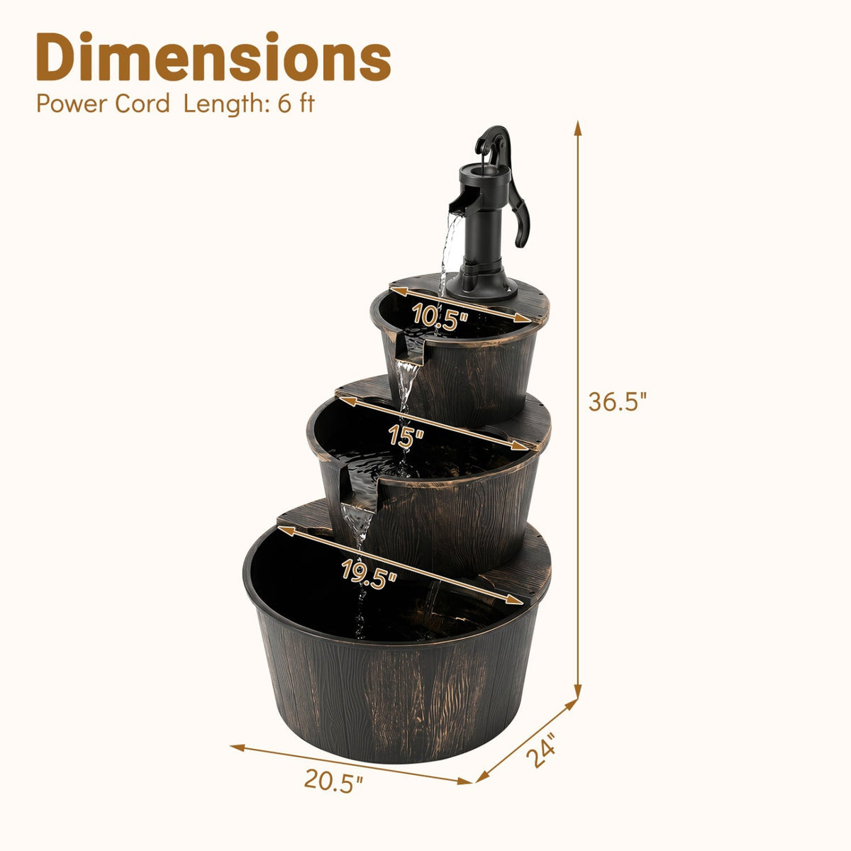 3-Tier Barrel Waterfall Fountain with Electric Pump