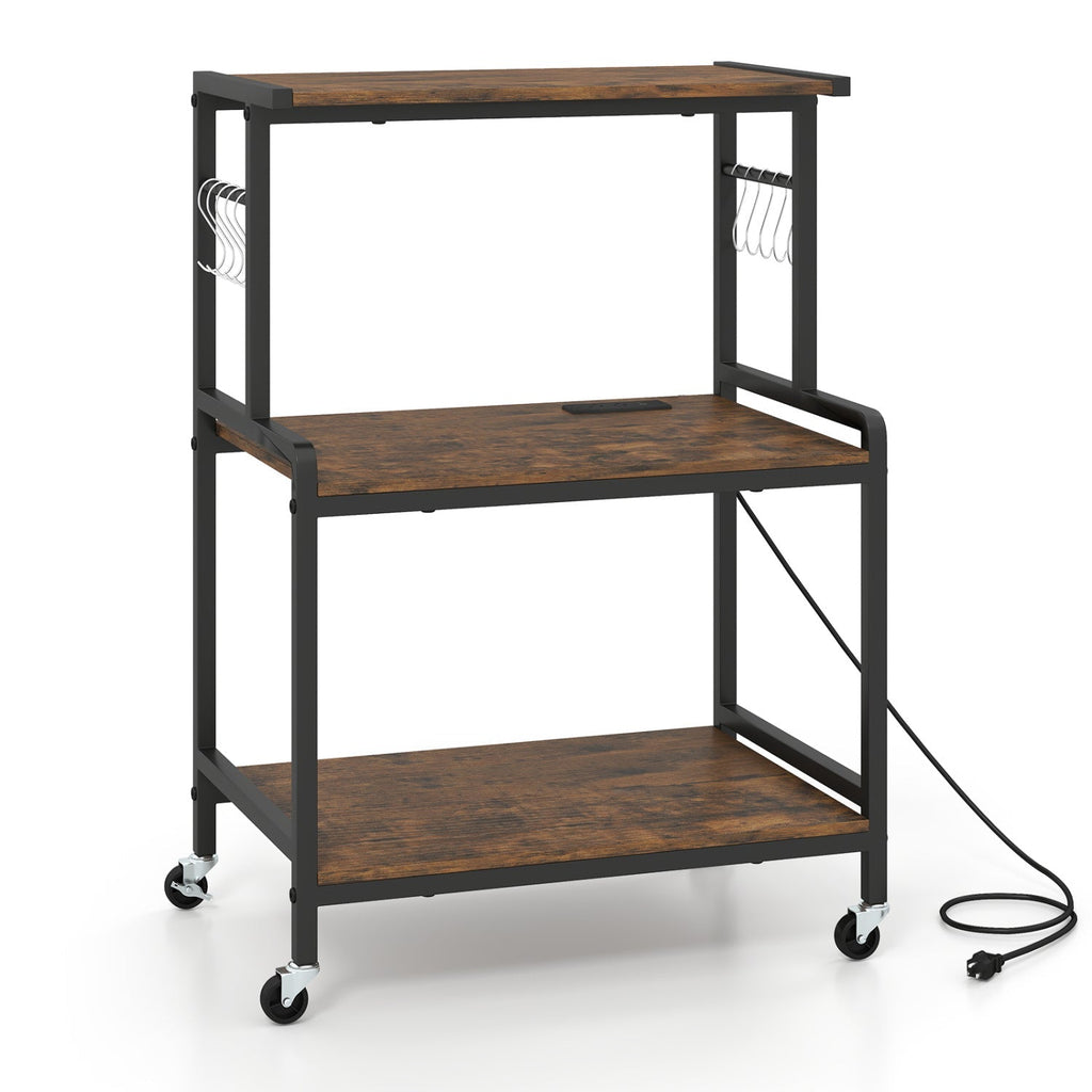 3-Tier Rolling Microwave Cart with Power Outlet and Hooks