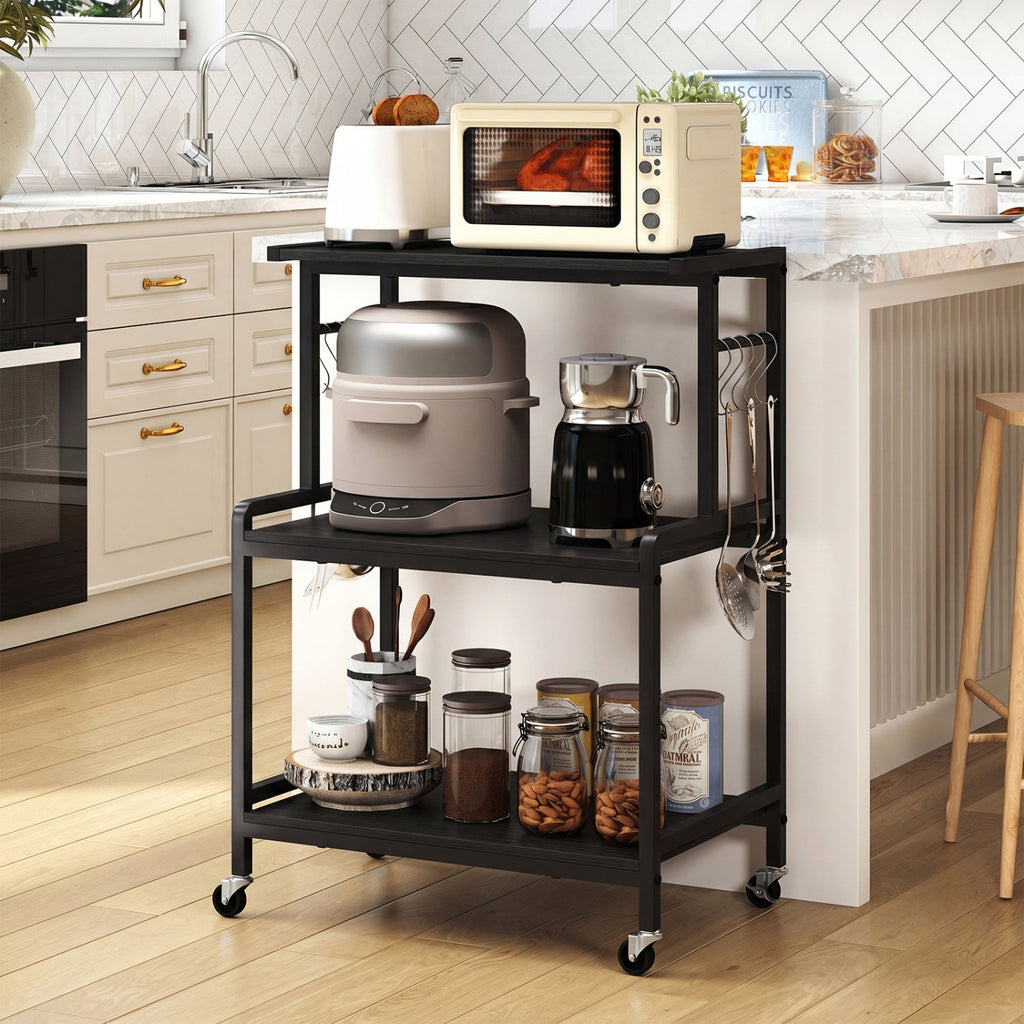 3-Tier Rolling Microwave Cart with Power Outlet and Hooks
