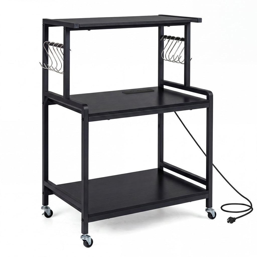 3-Tier Rolling Microwave Cart with Power Outlet and Hooks