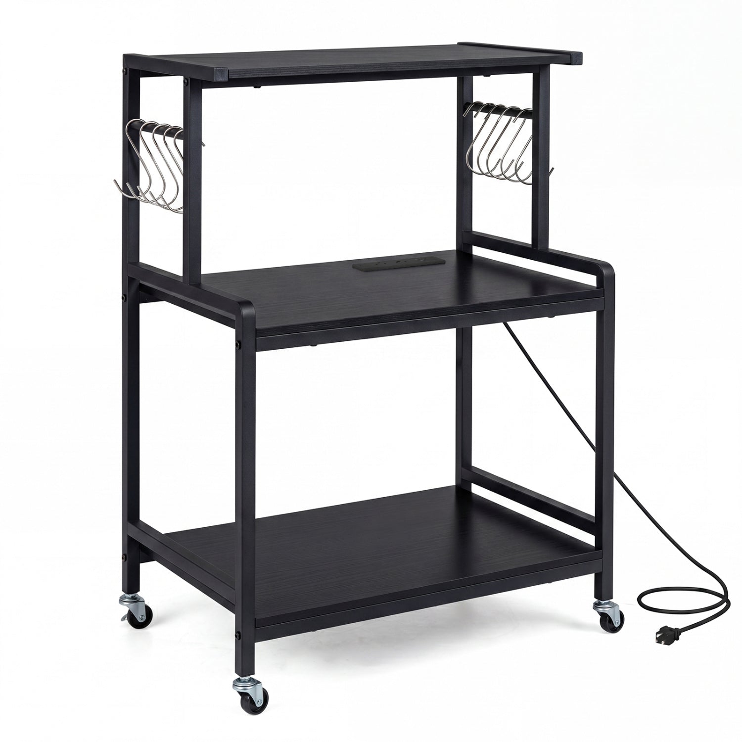 3-Tier Rolling Microwave Cart with Power Outlet and Hooks