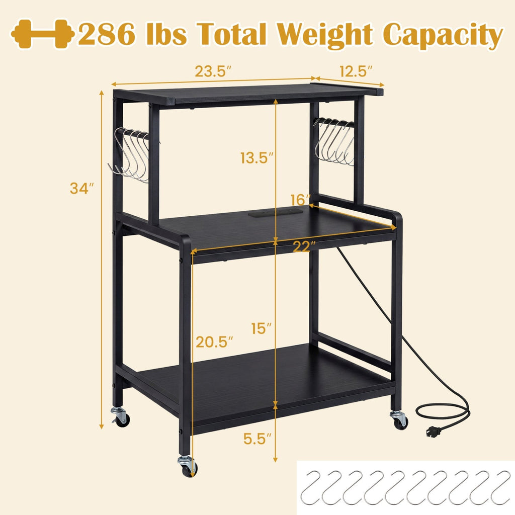 3-Tier Rolling Microwave Cart with Power Outlet and Hooks
