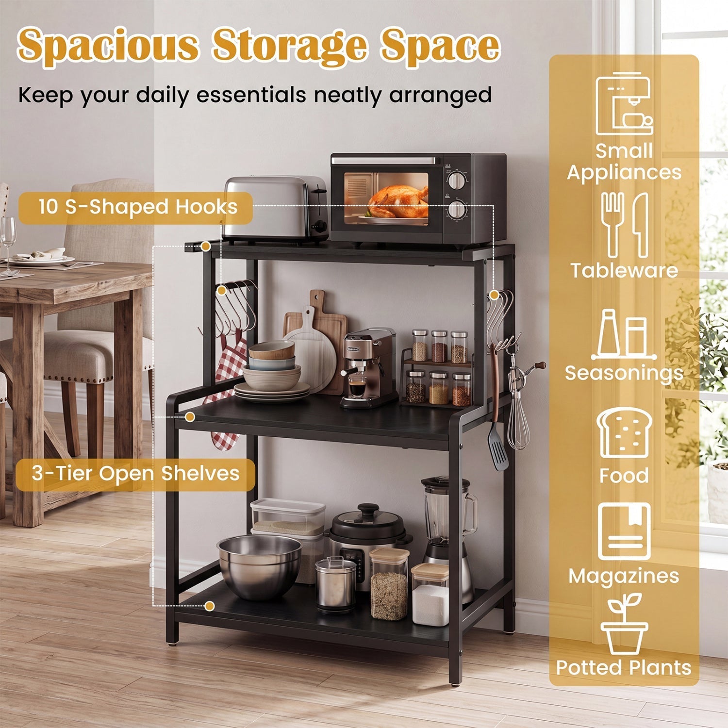 3-Tier Rolling Microwave Cart with Power Outlet and Hooks