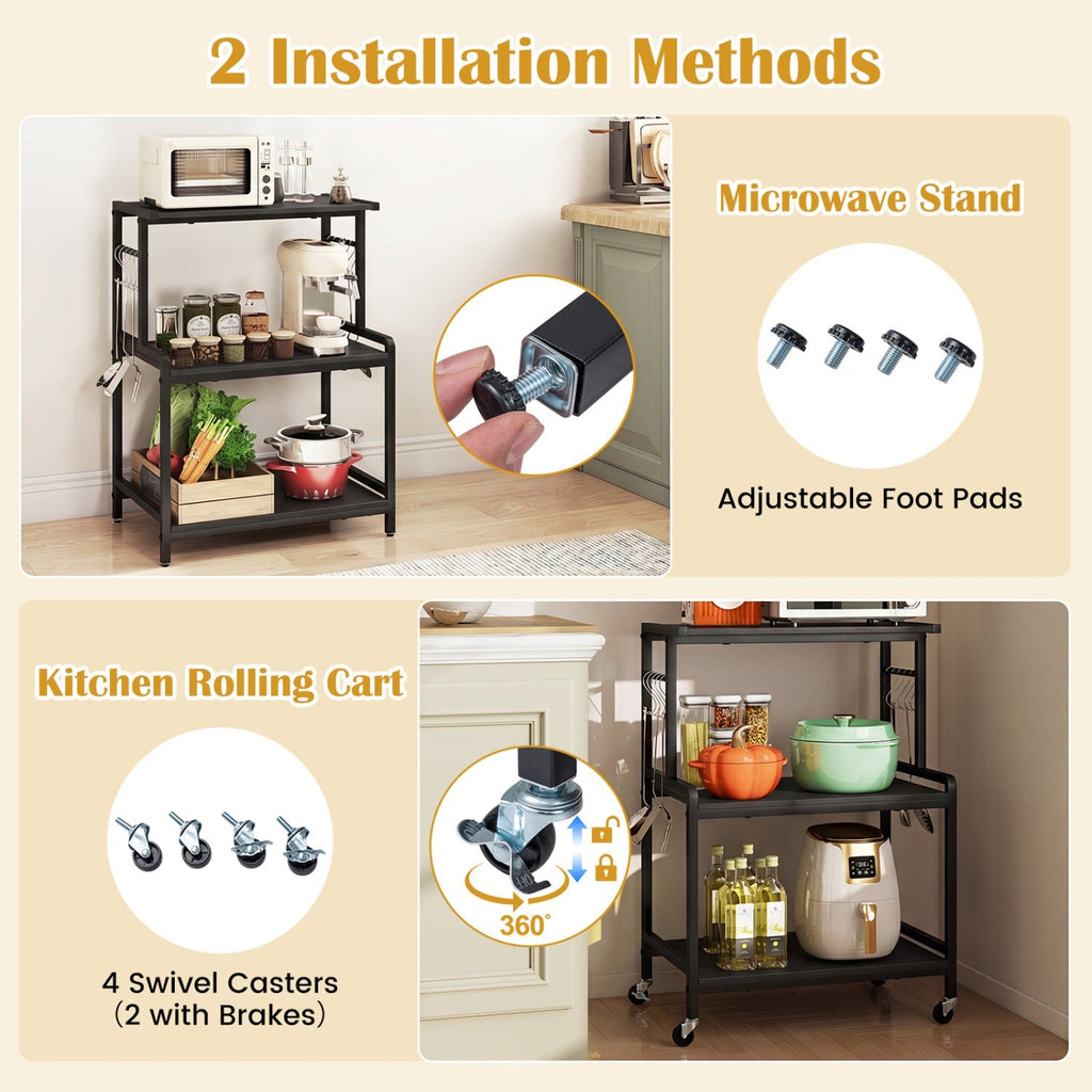 3-Tier Rolling Microwave Cart with Power Outlet and Hooks