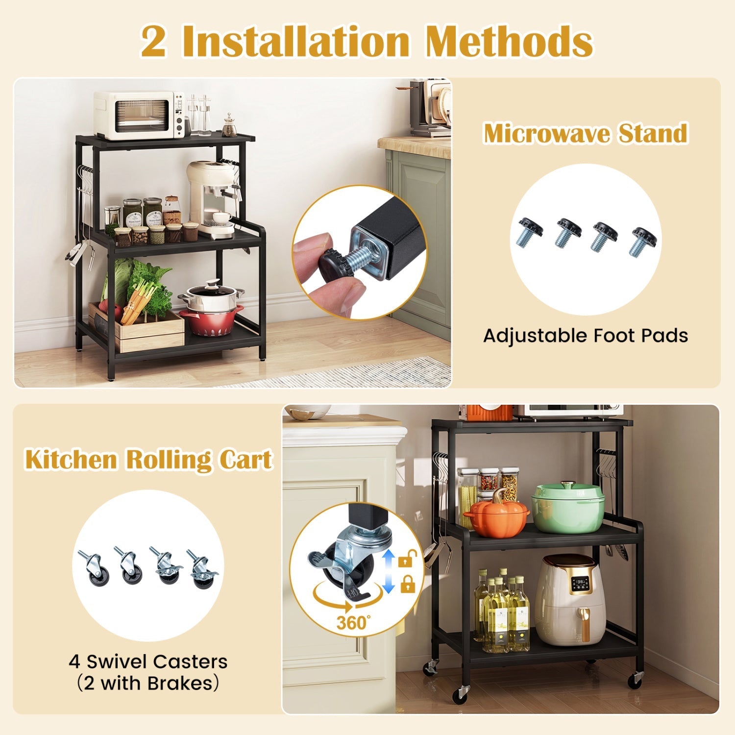 3-Tier Rolling Microwave Cart with Power Outlet and Hooks