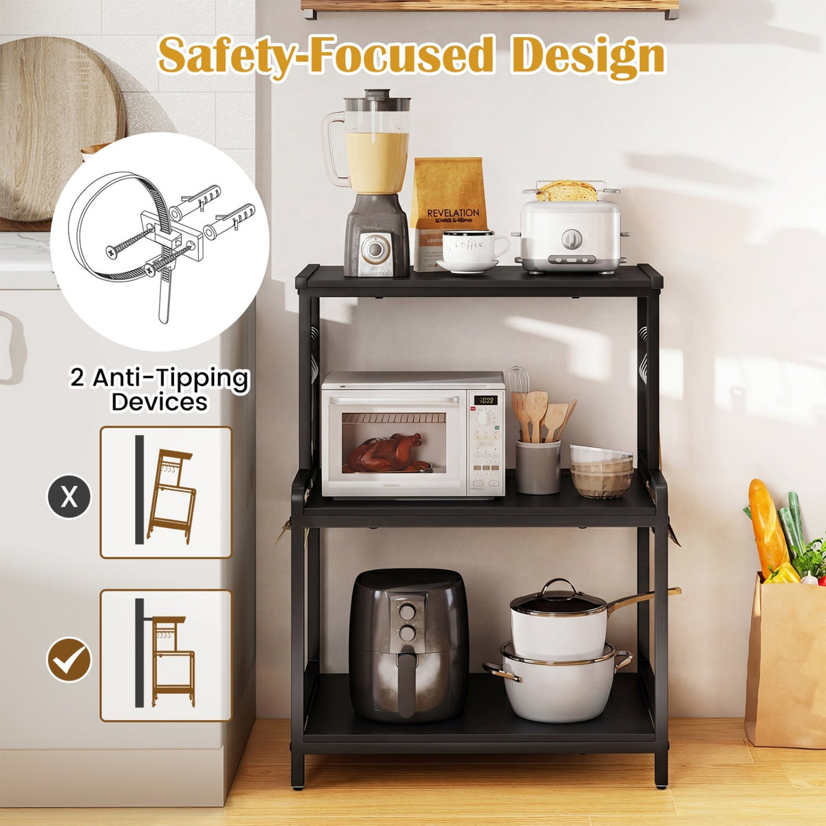 3-Tier Rolling Microwave Cart with Power Outlet and Hooks