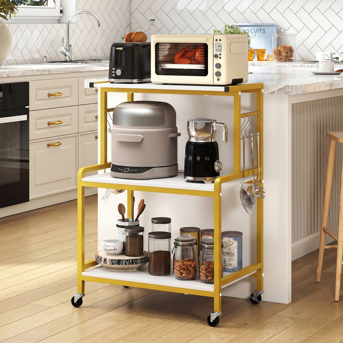 3-Tier Rolling Microwave Cart with Power Outlet and Hooks