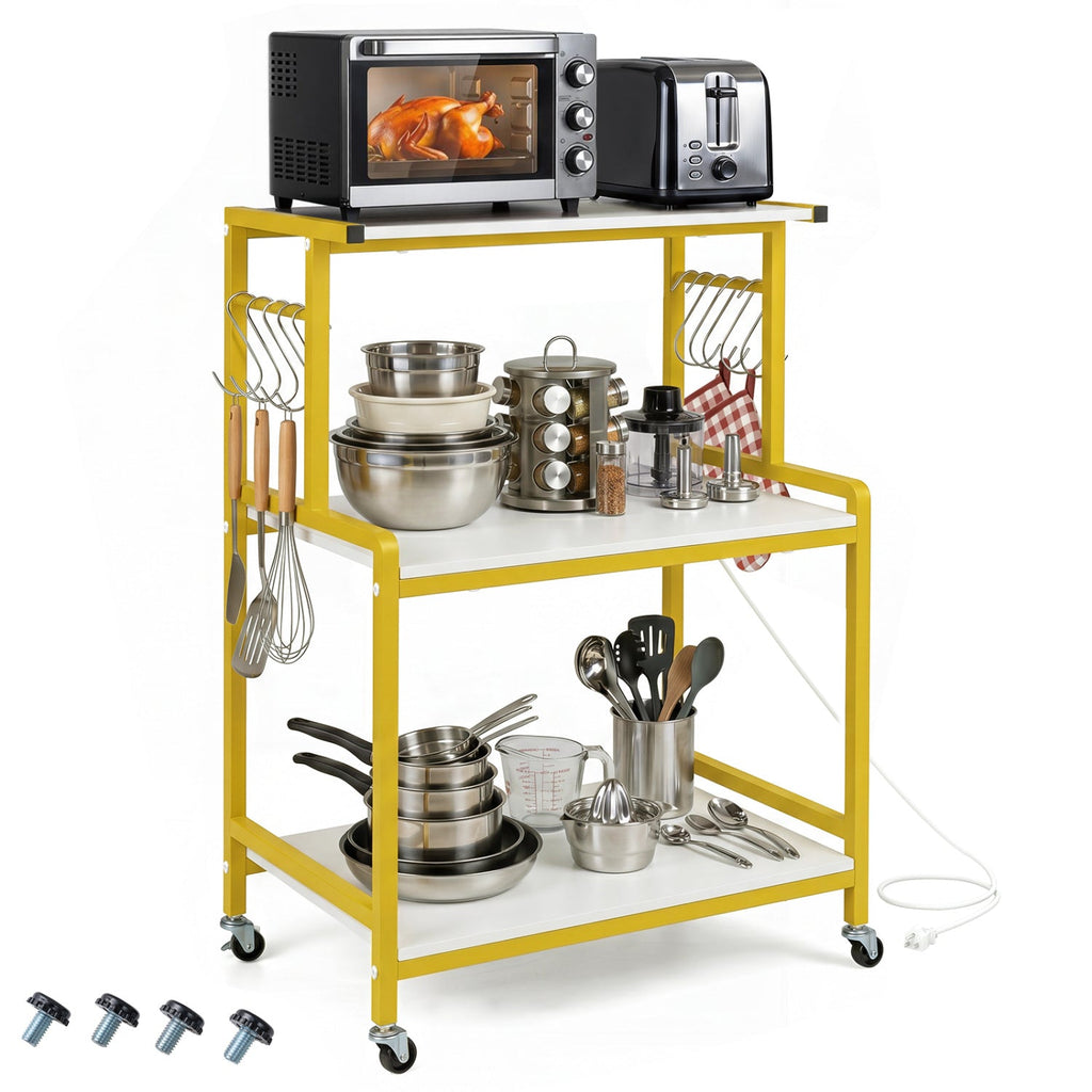 3-Tier Rolling Microwave Cart with Power Outlet and Hooks