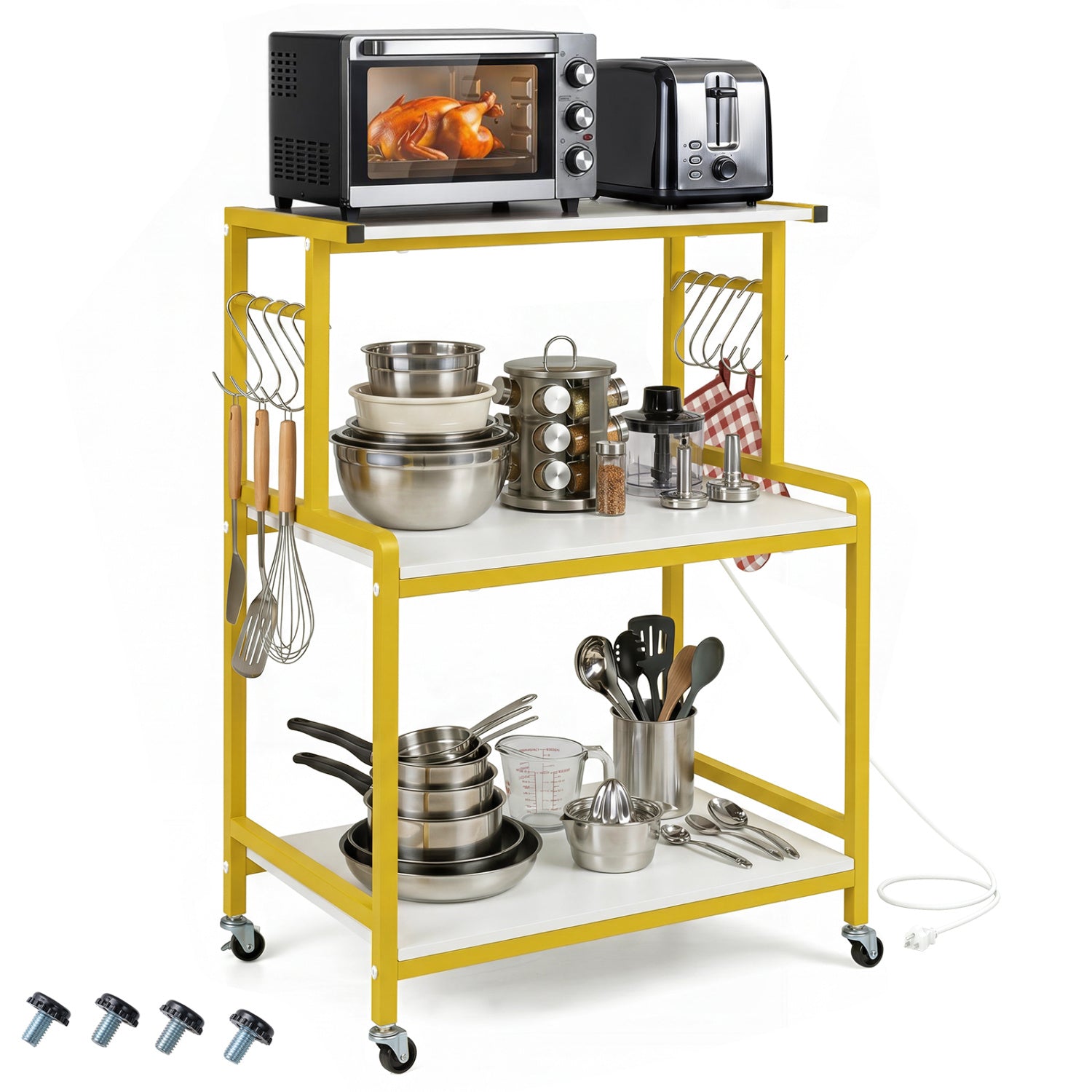 3-Tier Rolling Microwave Cart with Power Outlet and Hooks