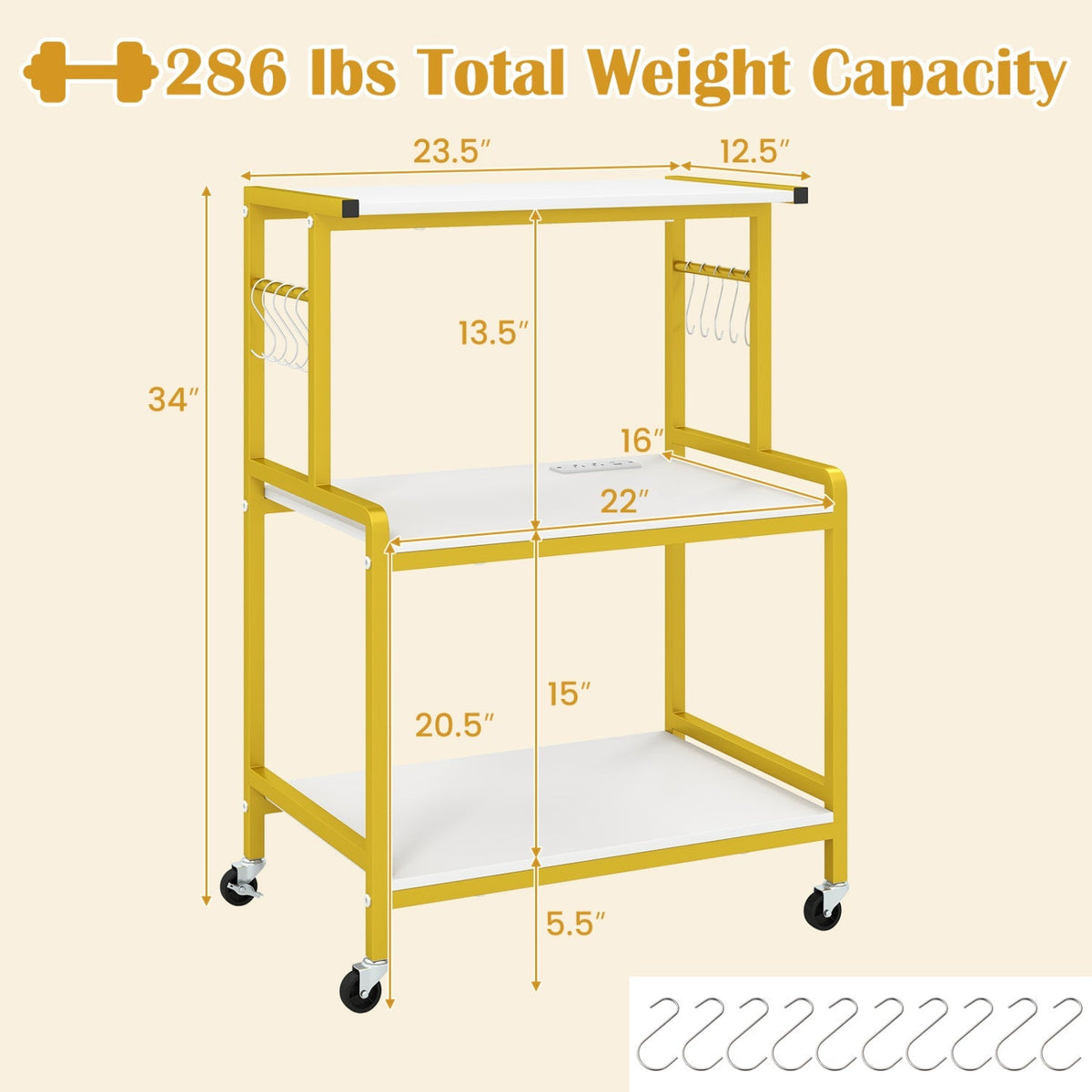 3-Tier Rolling Microwave Cart with Power Outlet and Hooks