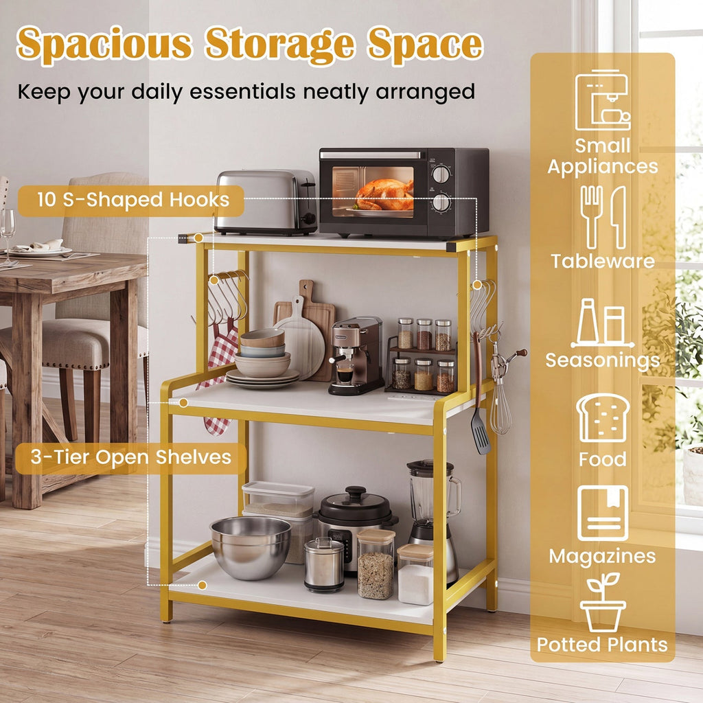3-Tier Rolling Microwave Cart with Power Outlet and Hooks