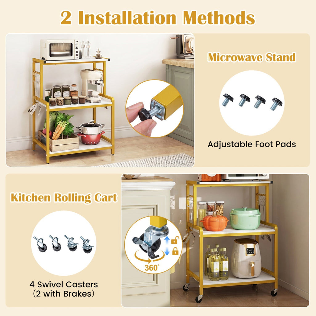 3-Tier Rolling Microwave Cart with Power Outlet and Hooks