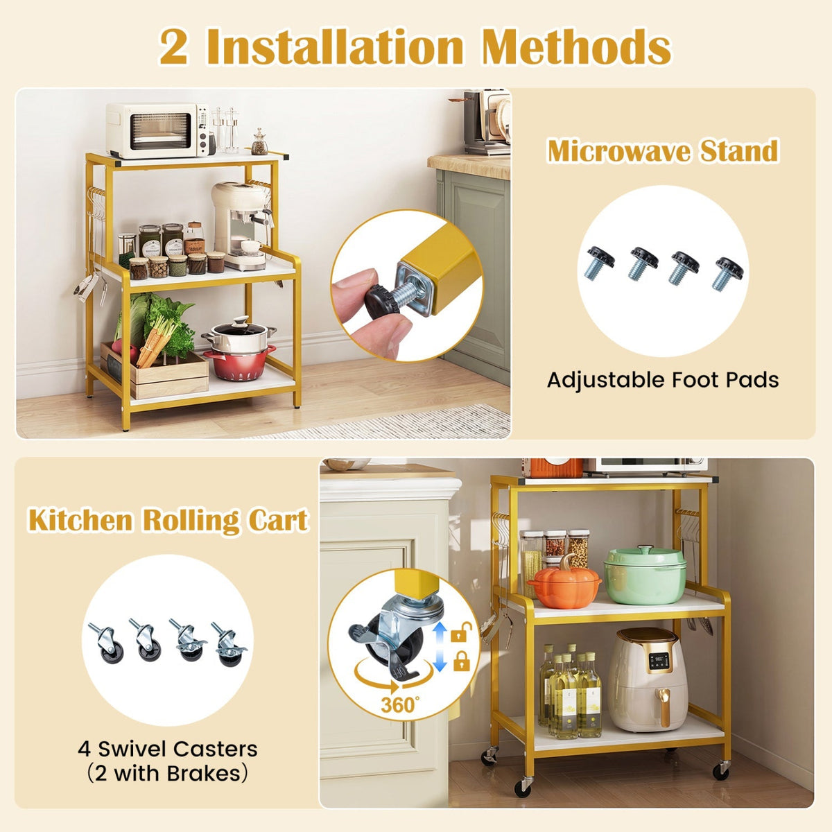 3-Tier Rolling Microwave Cart with Power Outlet and Hooks