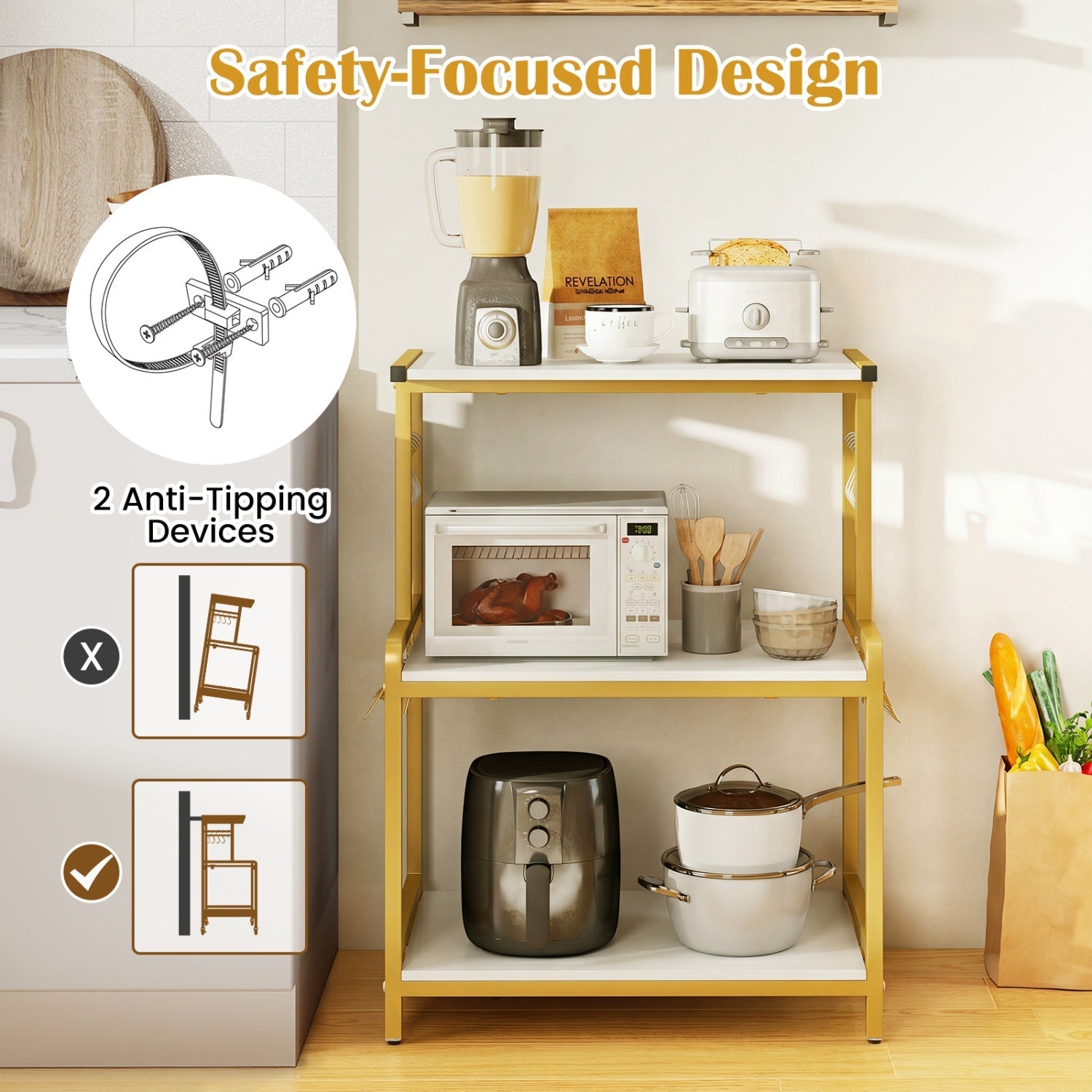 3-Tier Rolling Microwave Cart with Power Outlet and Hooks