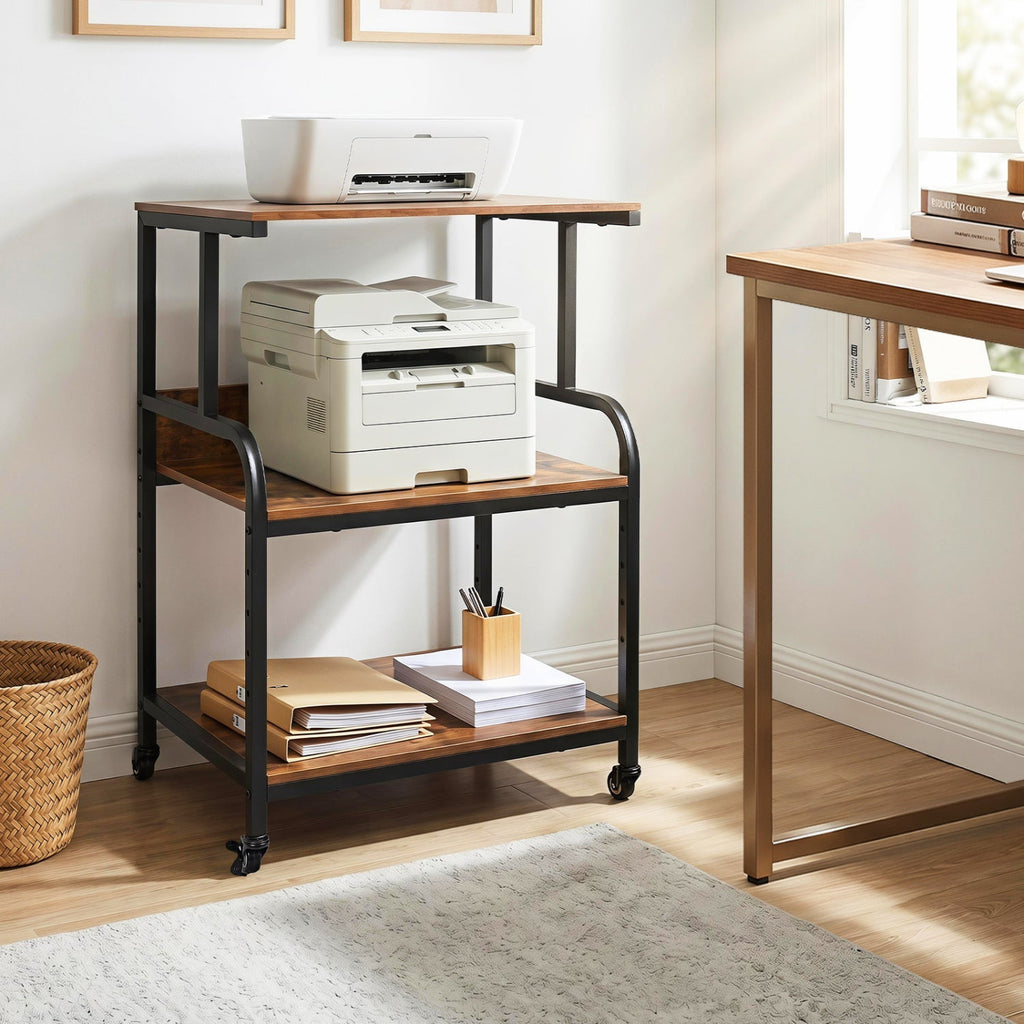 3-Tier Rolling Printer Stand with Adjustable Shelf