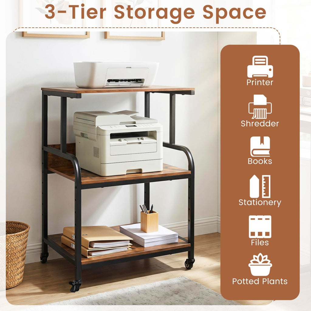 3-Tier Rolling Printer Stand with Adjustable Shelf