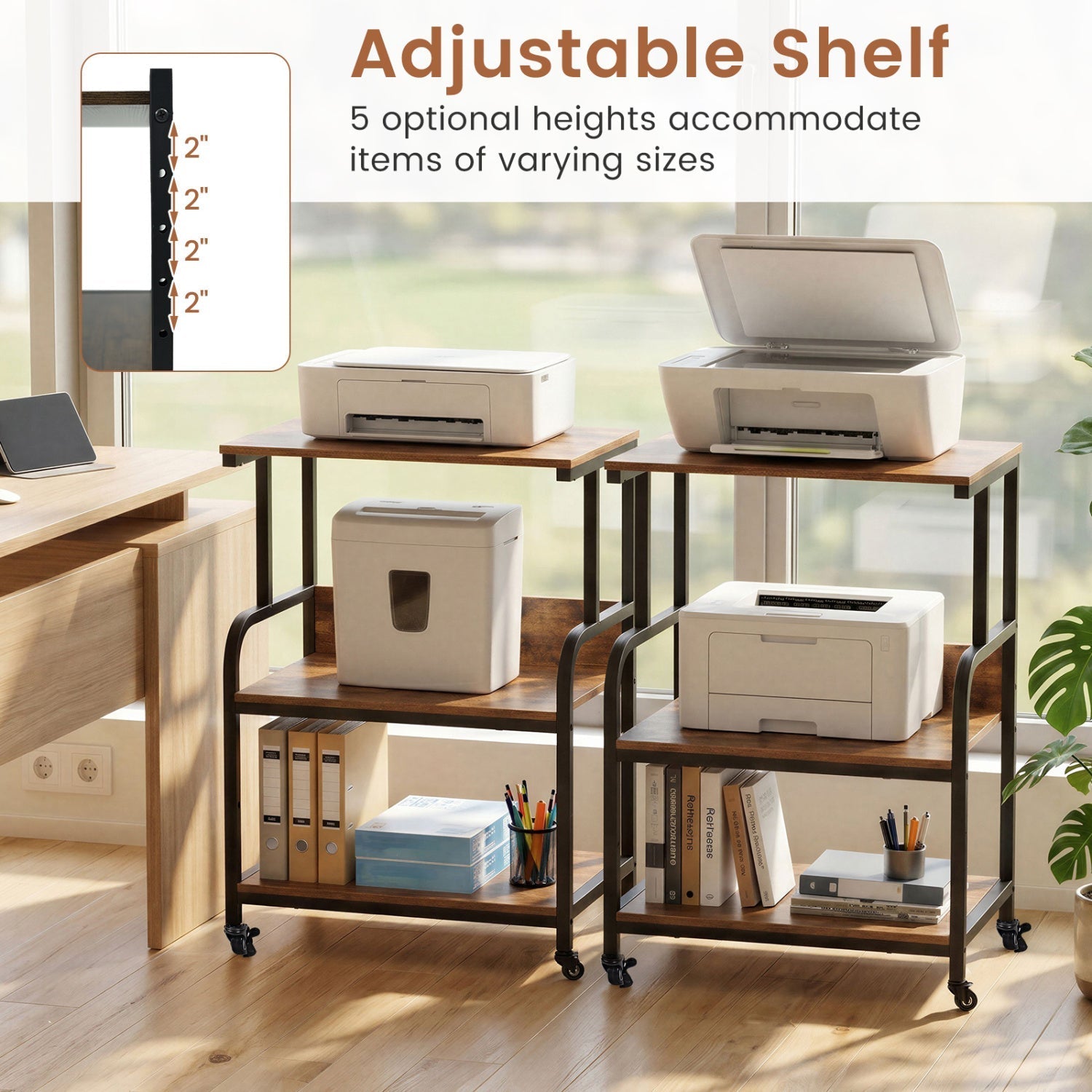 3-Tier Rolling Printer Stand with Adjustable Shelf