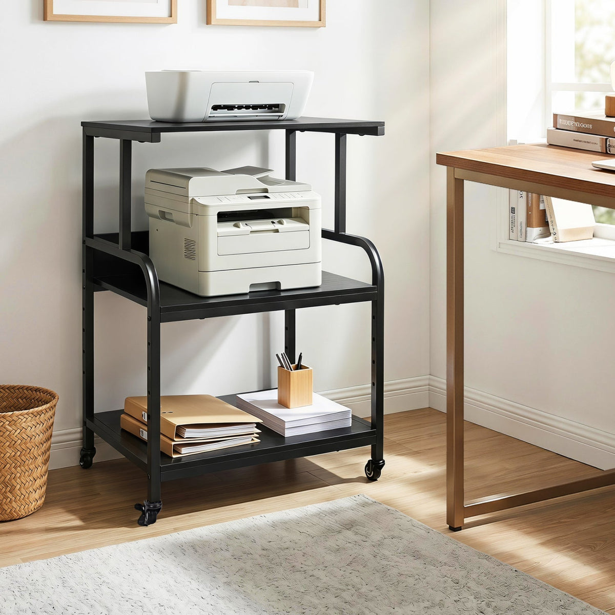 3-Tier Rolling Printer Stand with Adjustable Shelf