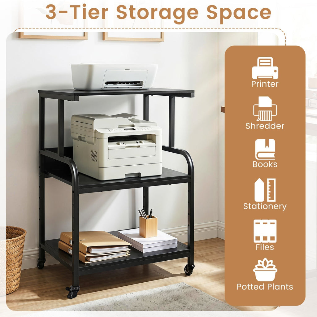 3-Tier Rolling Printer Stand with Adjustable Shelf