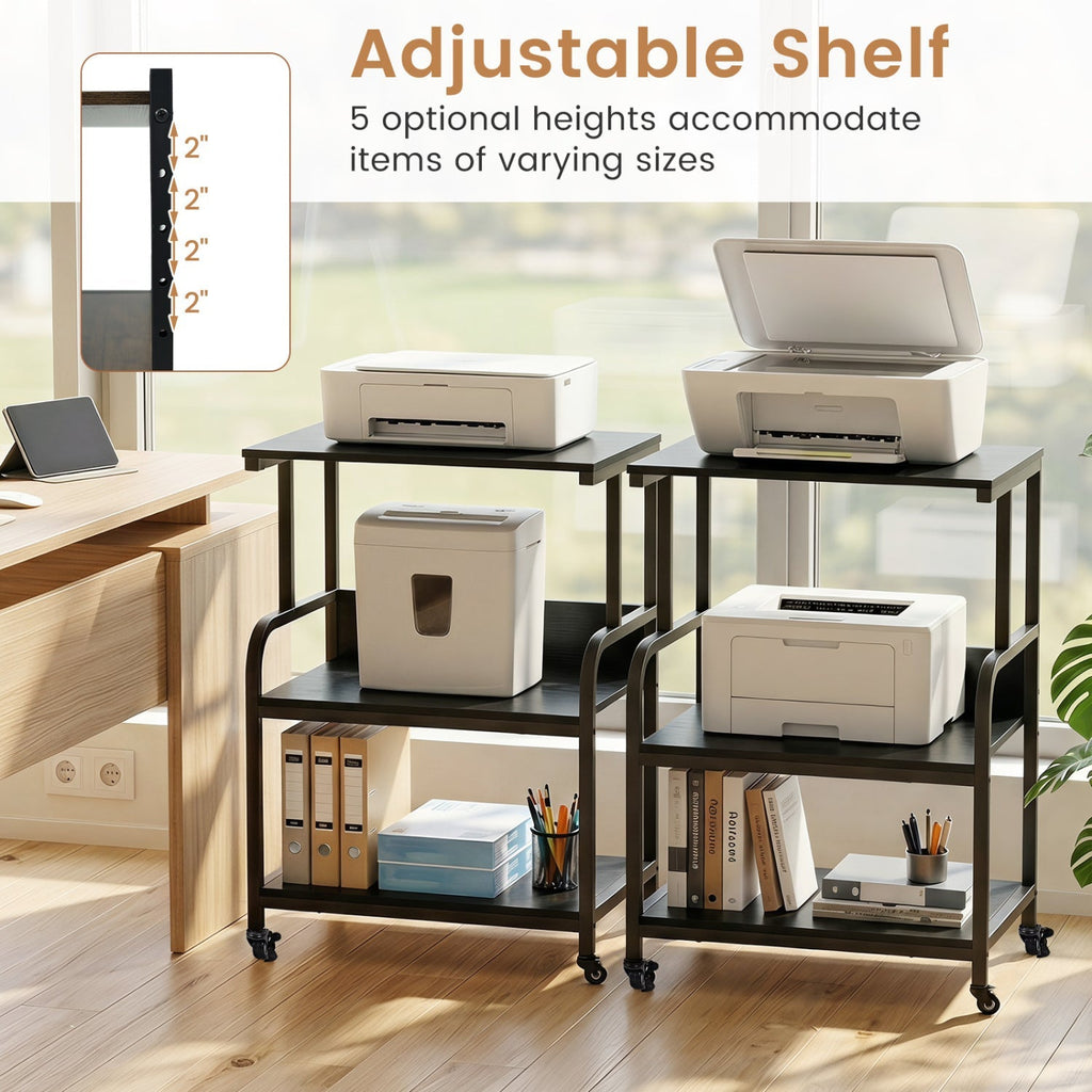 3-Tier Rolling Printer Stand with Adjustable Shelf