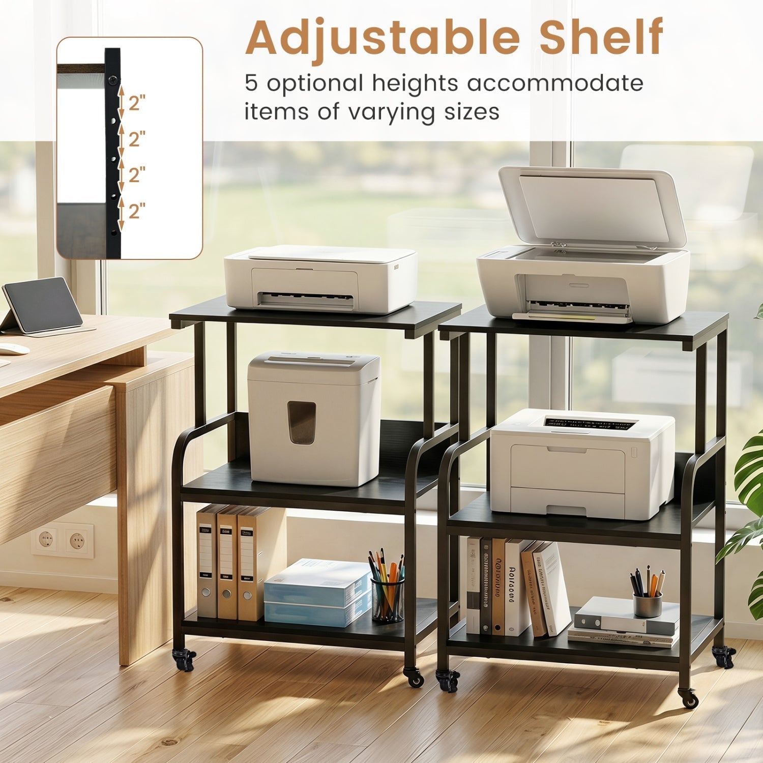 3-Tier Rolling Printer Stand with Adjustable Shelf